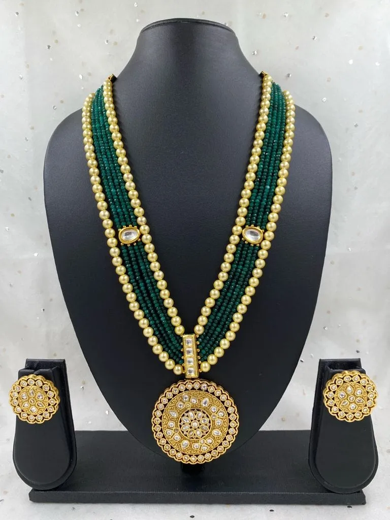 Designer Gold Plated Bridal Antique Kundan Pendant Green Necklace Set For Woman