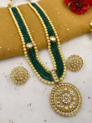 Designer Gold Plated Bridal Antique Kundan Pendant Green Necklace Set For Woman