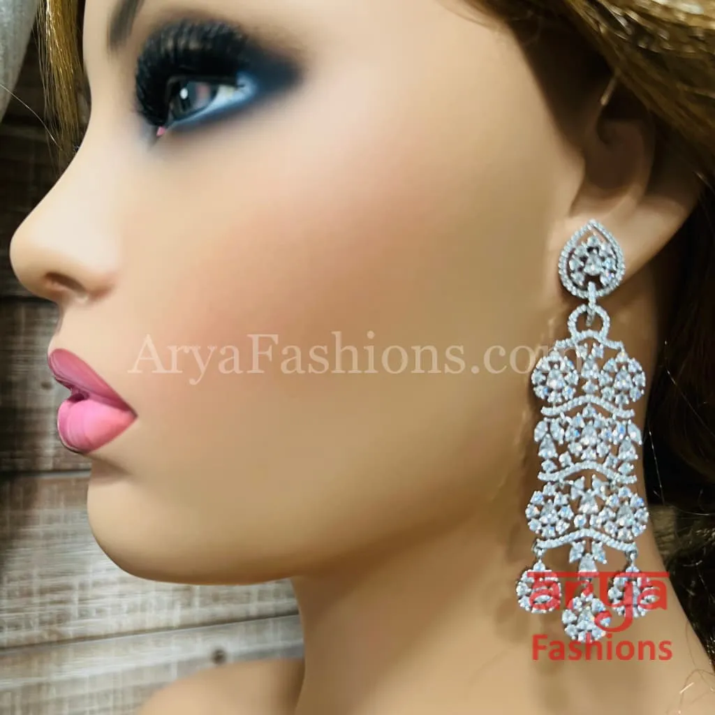 Designer Silver Cubic Zirconia Chandbali/ Long CZ Cocktail Chandbali Earrings