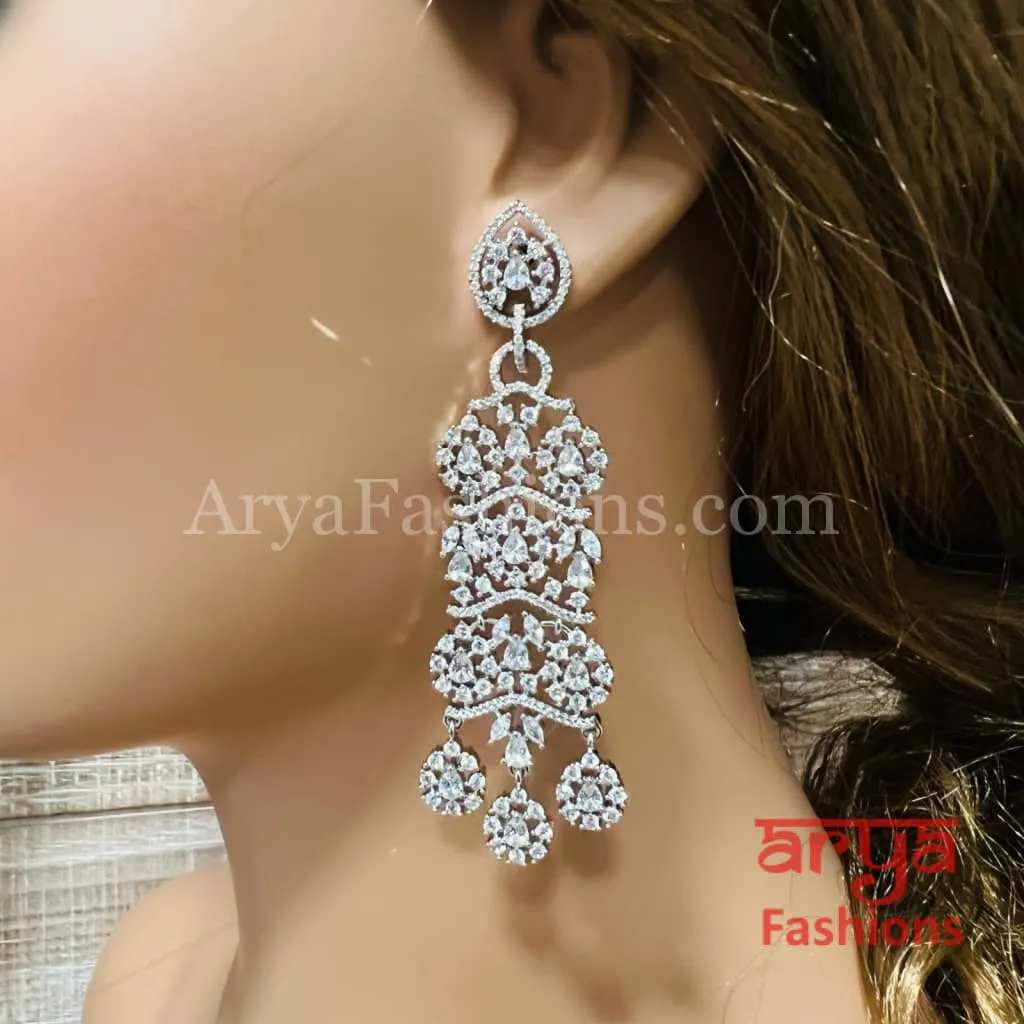 Designer Silver Cubic Zirconia Chandbali/ Long CZ Cocktail Chandbali Earrings