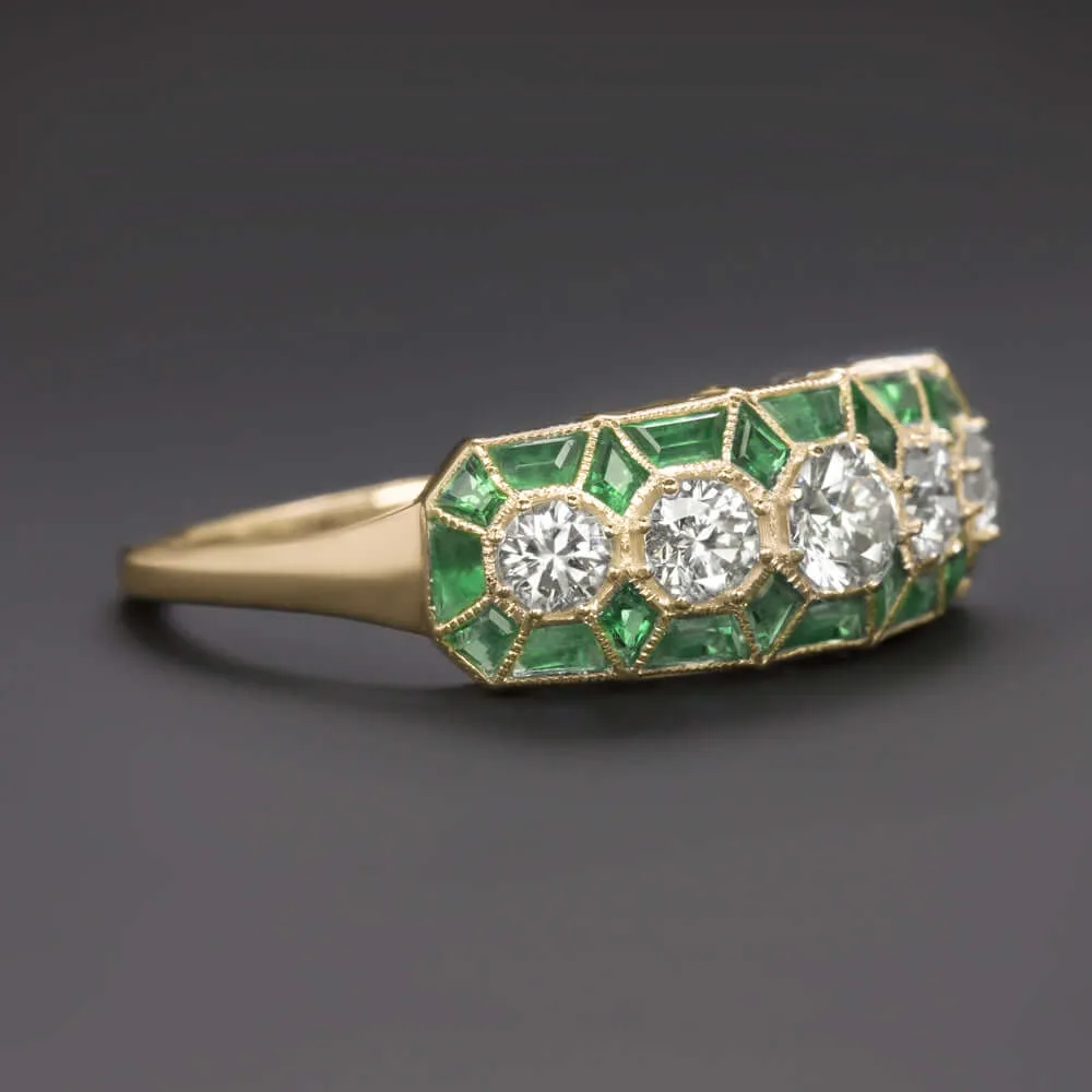 DIAMOND EMERALD VINTAGE STYLE RING ART DECO GEOMETRIC COCKTAIL 14k YELLOW GOLD