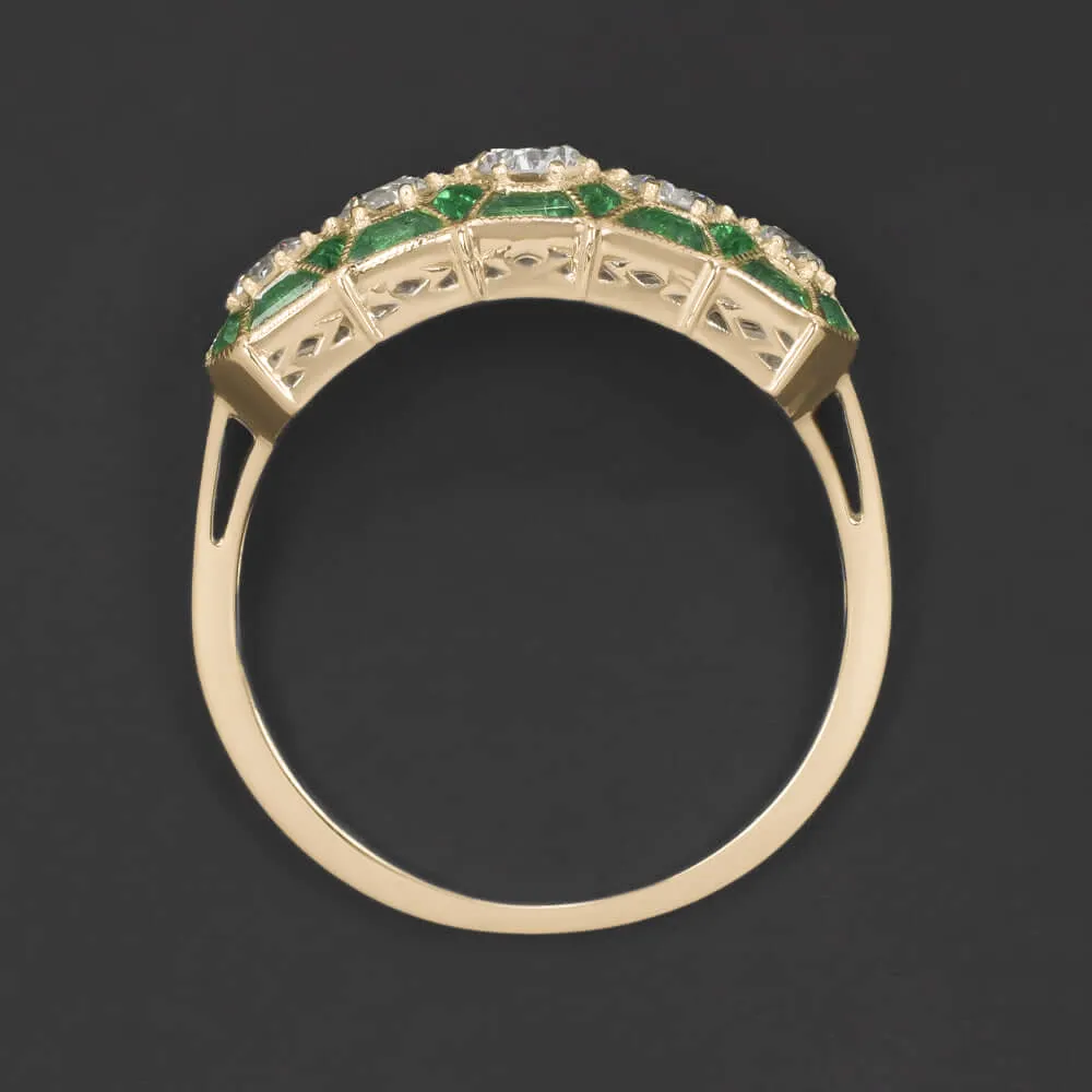 DIAMOND EMERALD VINTAGE STYLE RING ART DECO GEOMETRIC COCKTAIL 14k YELLOW GOLD