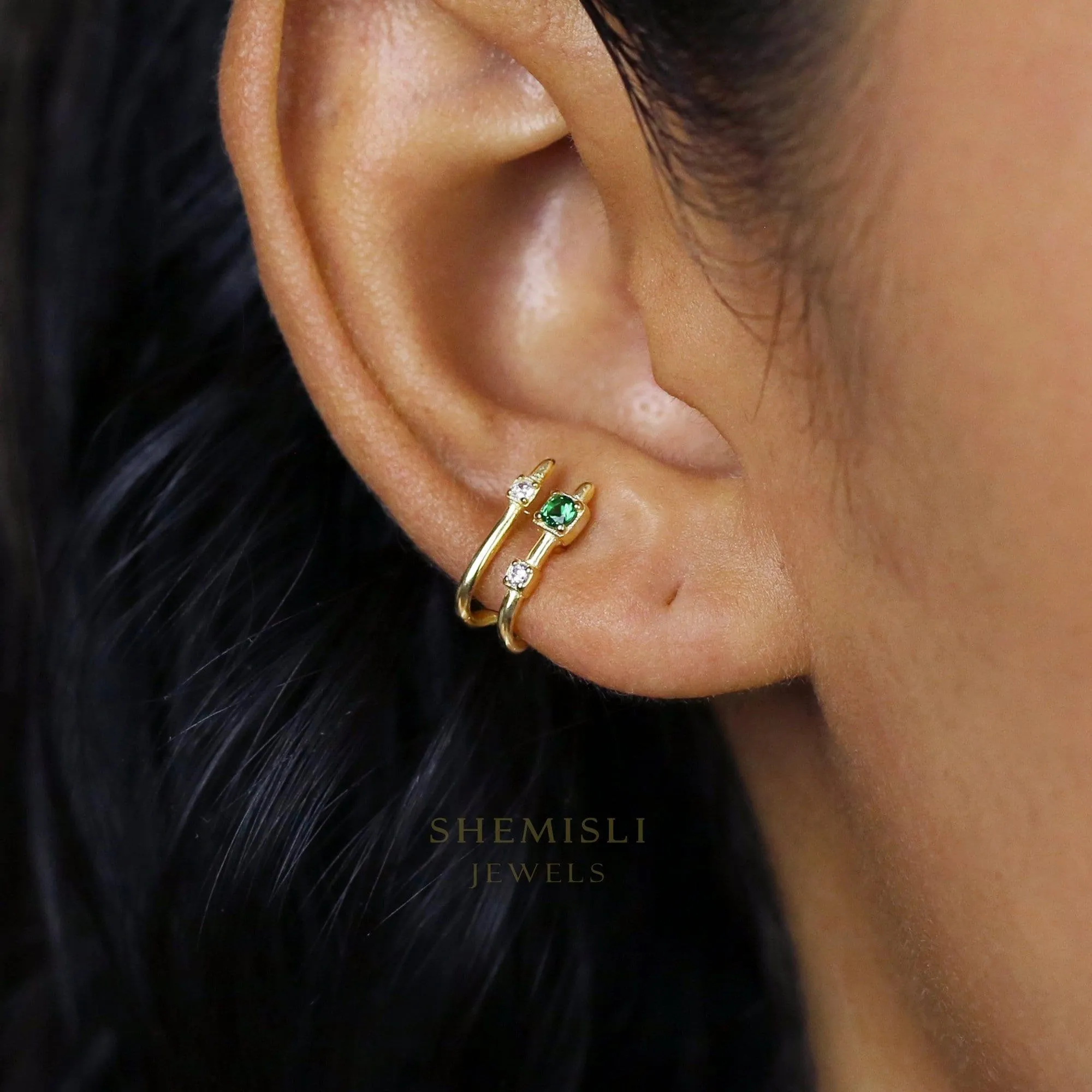 Double-lined Emerald Stud Hoop Earrings, Gold, Silver - SS124 LR