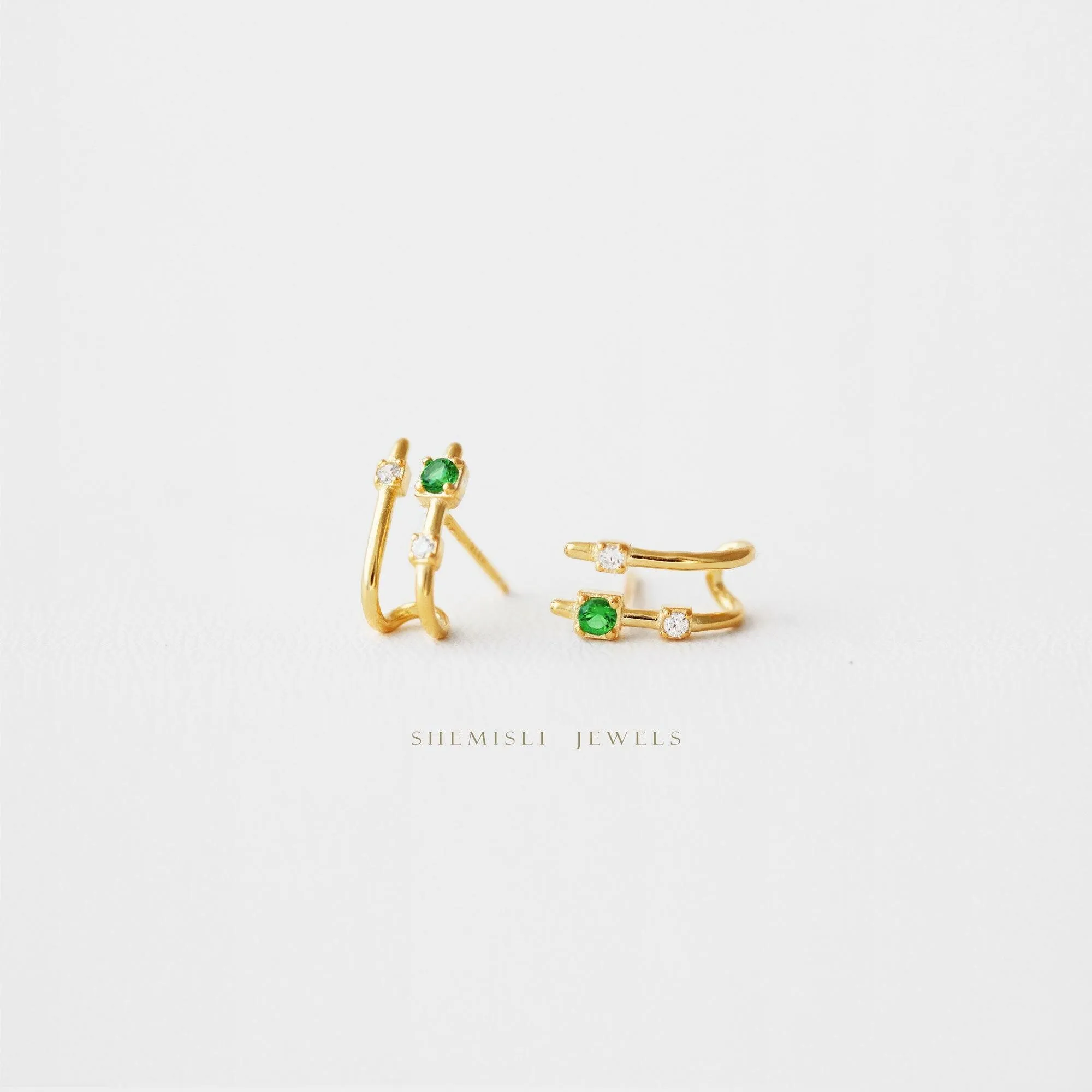 Double-lined Emerald Stud Hoop Earrings, Gold, Silver - SS124 LR