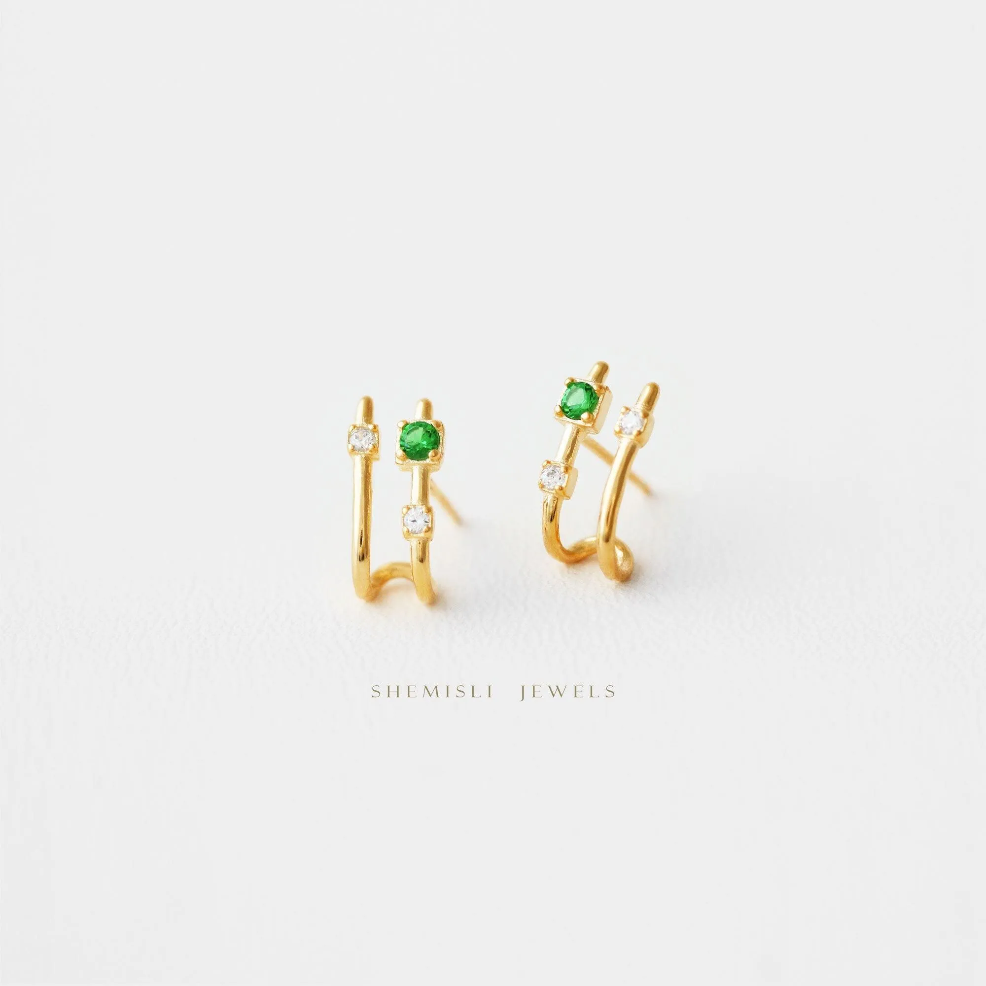 Double-lined Emerald Stud Hoop Earrings, Gold, Silver - SS124 LR