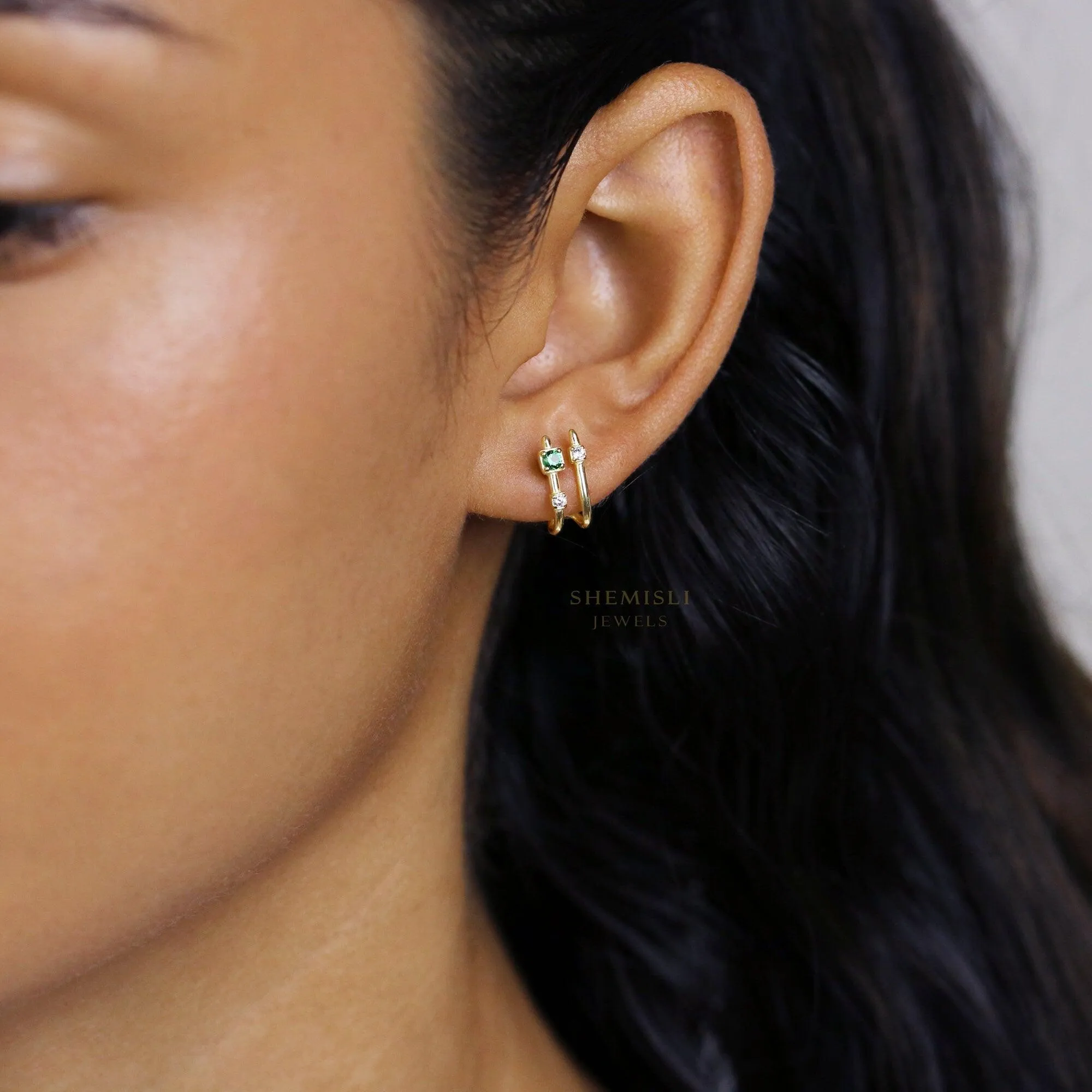 Double-lined Emerald Stud Hoop Earrings, Gold, Silver - SS124 LR