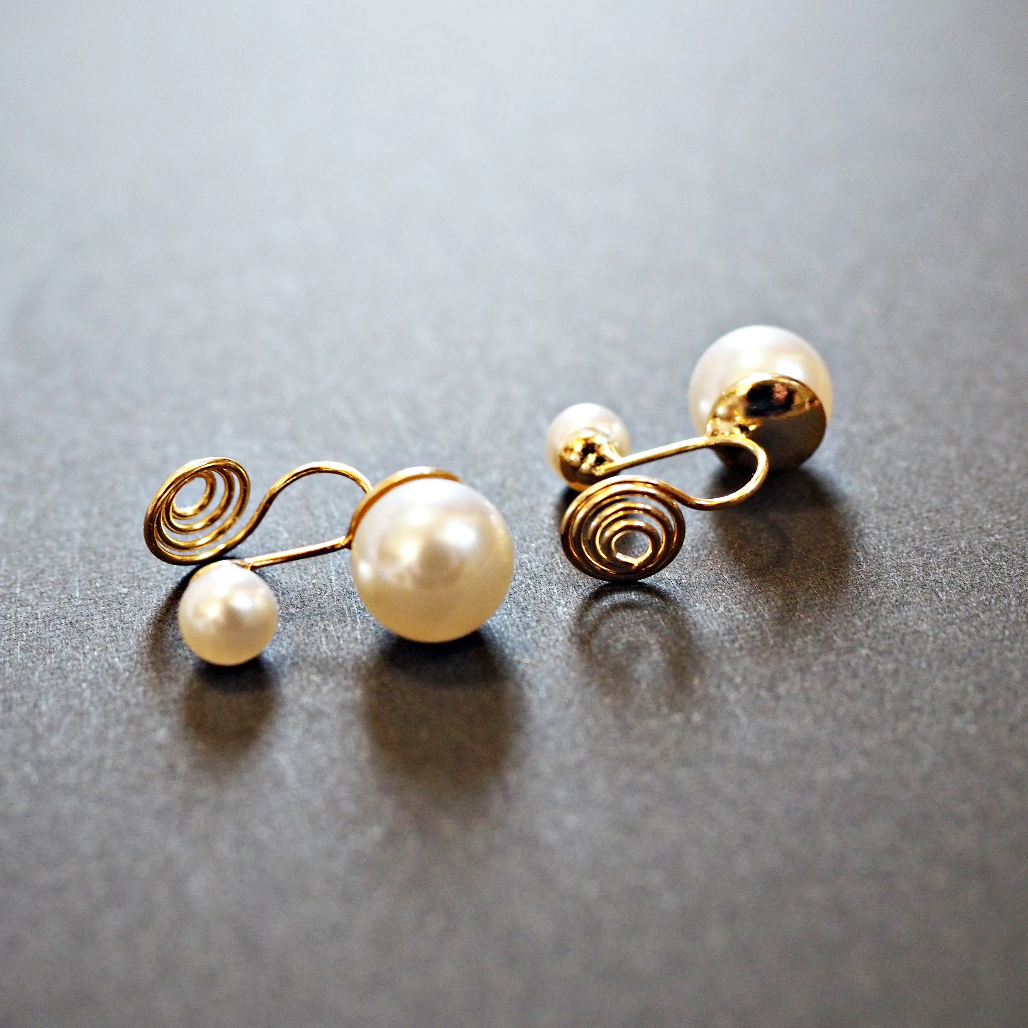 Double White Pearls Gold  Spiral Clip On Earrings