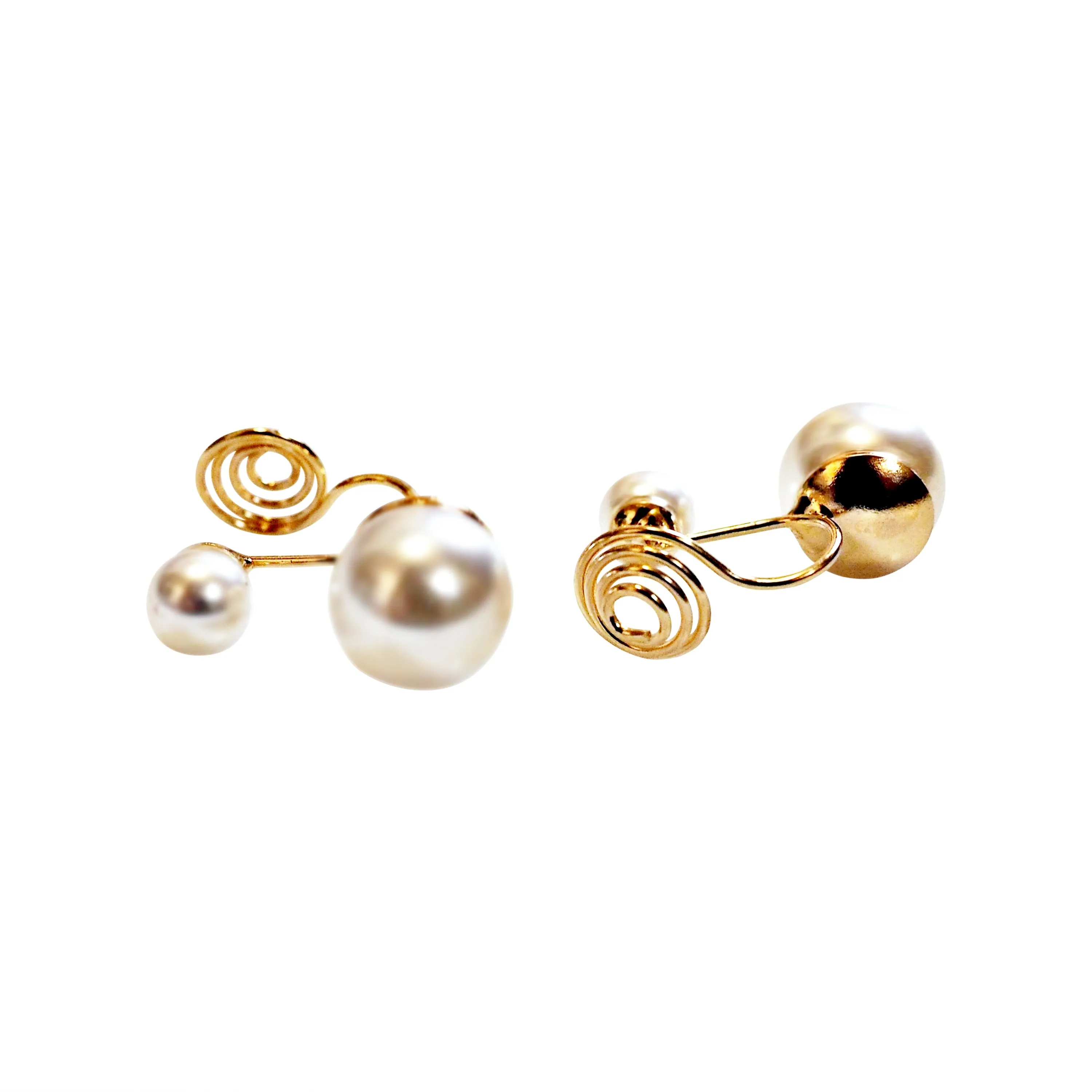 Double White Pearls Gold  Spiral Clip On Earrings