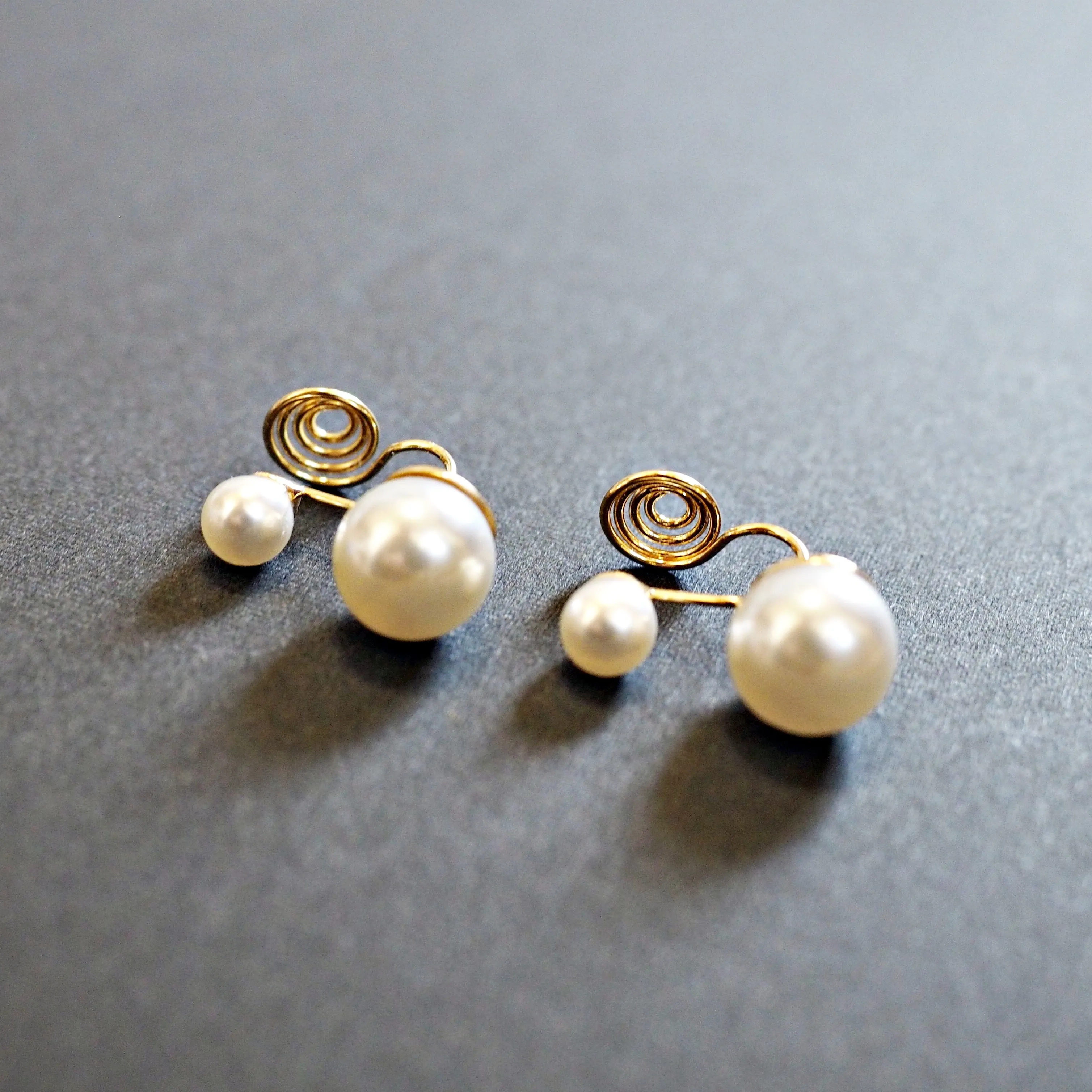 Double White Pearls Gold  Spiral Clip On Earrings