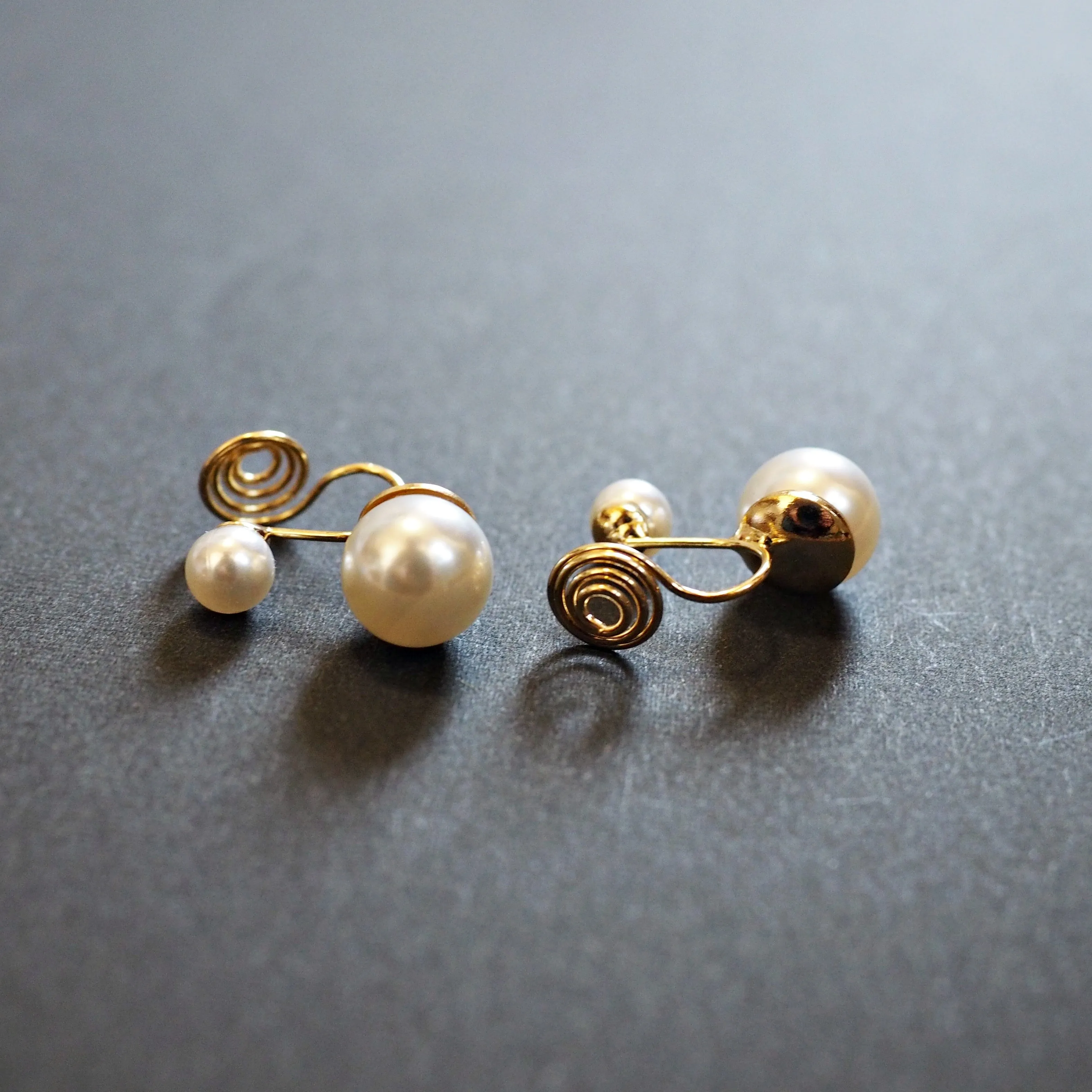 Double White Pearls Gold  Spiral Clip On Earrings