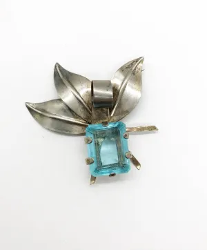 Dramatic Vintage Sterling Floral Brooch with Large Aqua Stone