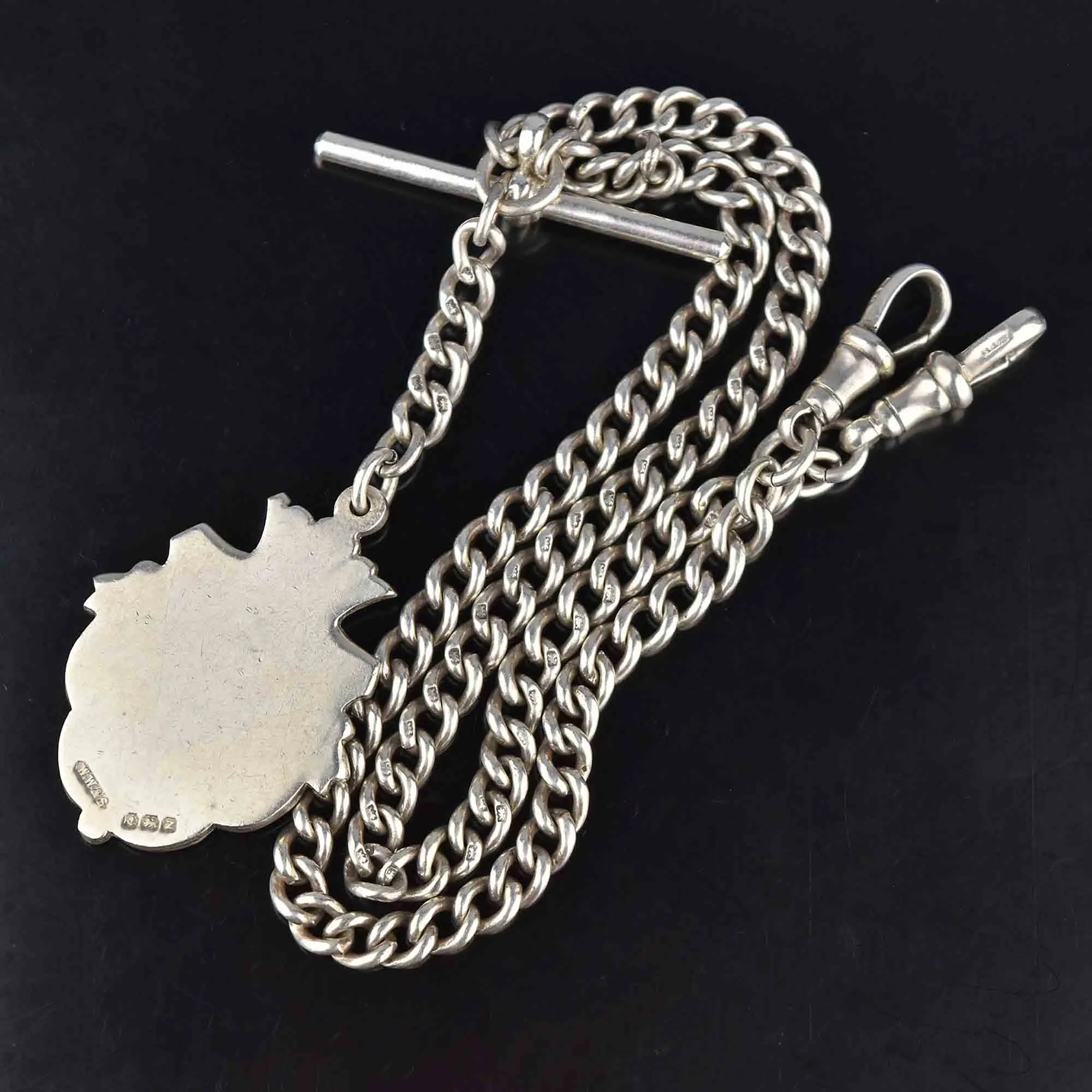 Edwardian Silver Double Albert Watch Chain, Rose Gold Fob