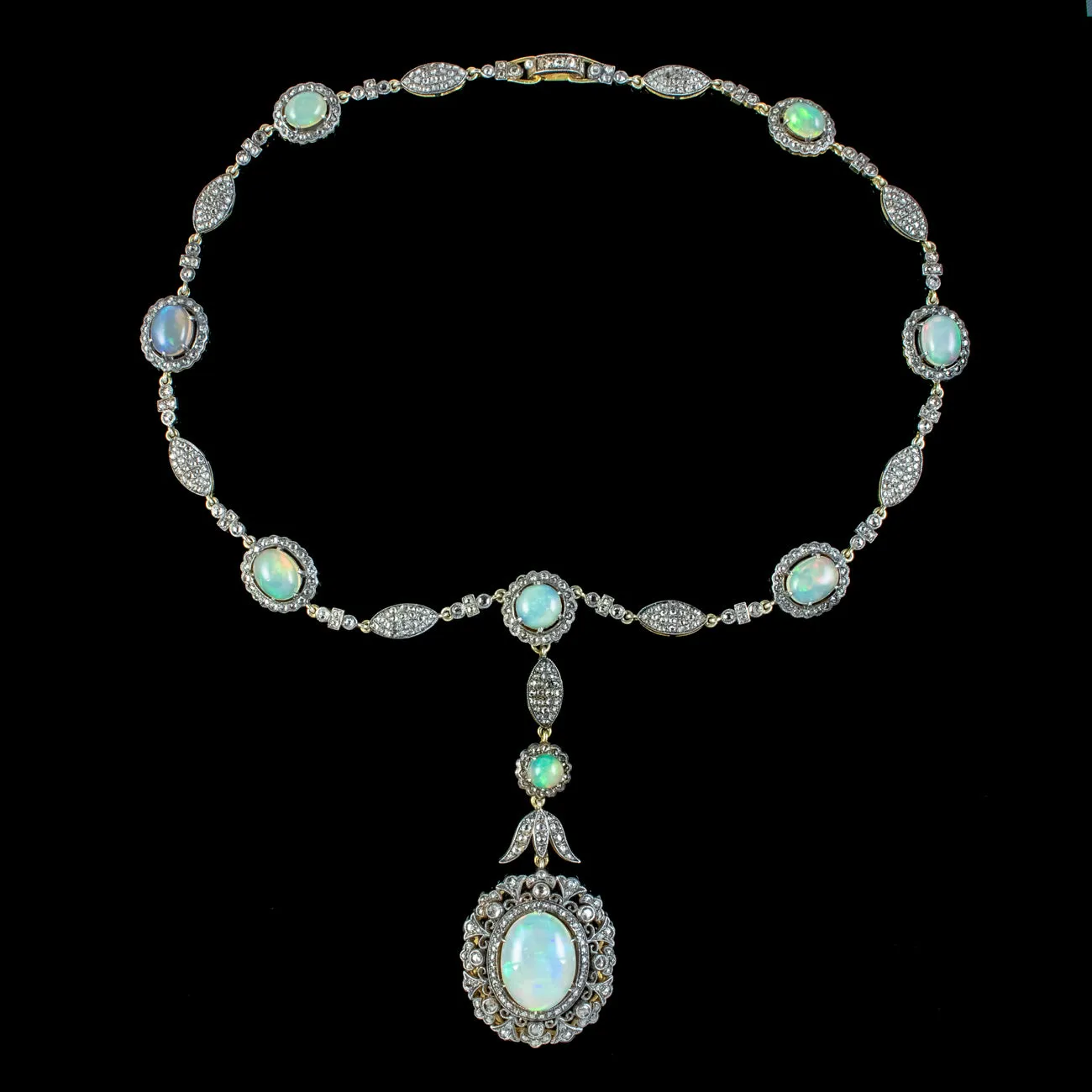 Edwardian Style Opal Diamond Lavaliere Necklace Silver 18ct Gold 30ct Of Opal