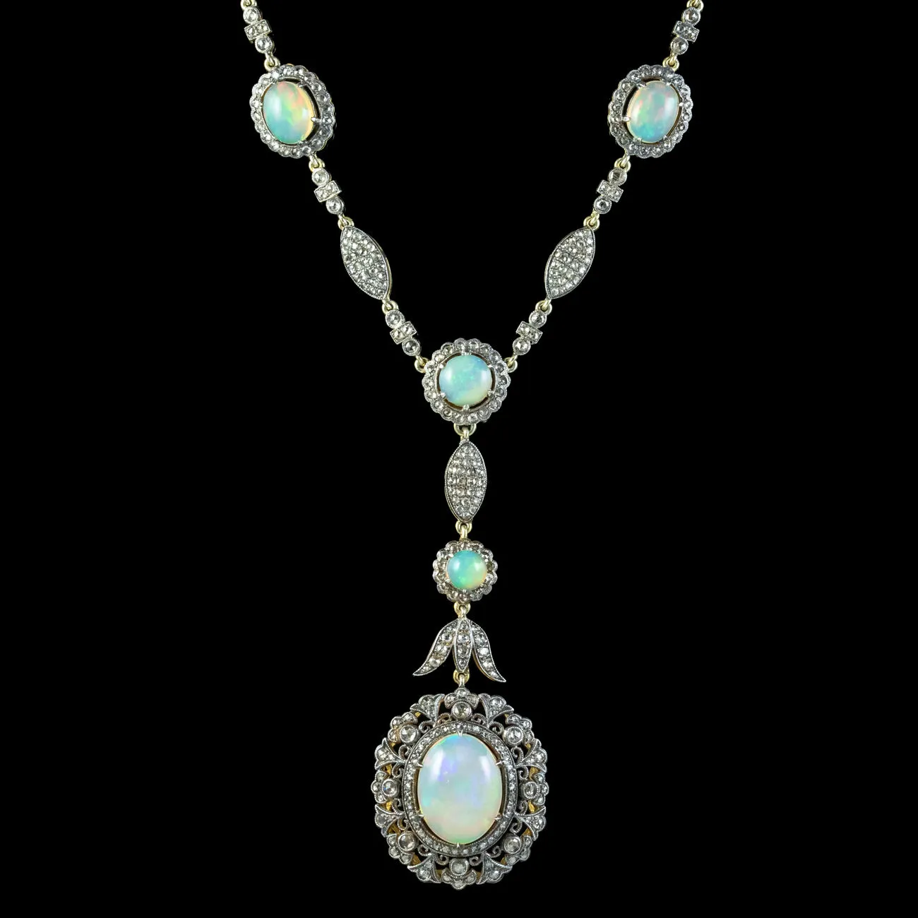 Edwardian Style Opal Diamond Lavaliere Necklace Silver 18ct Gold 30ct Of Opal