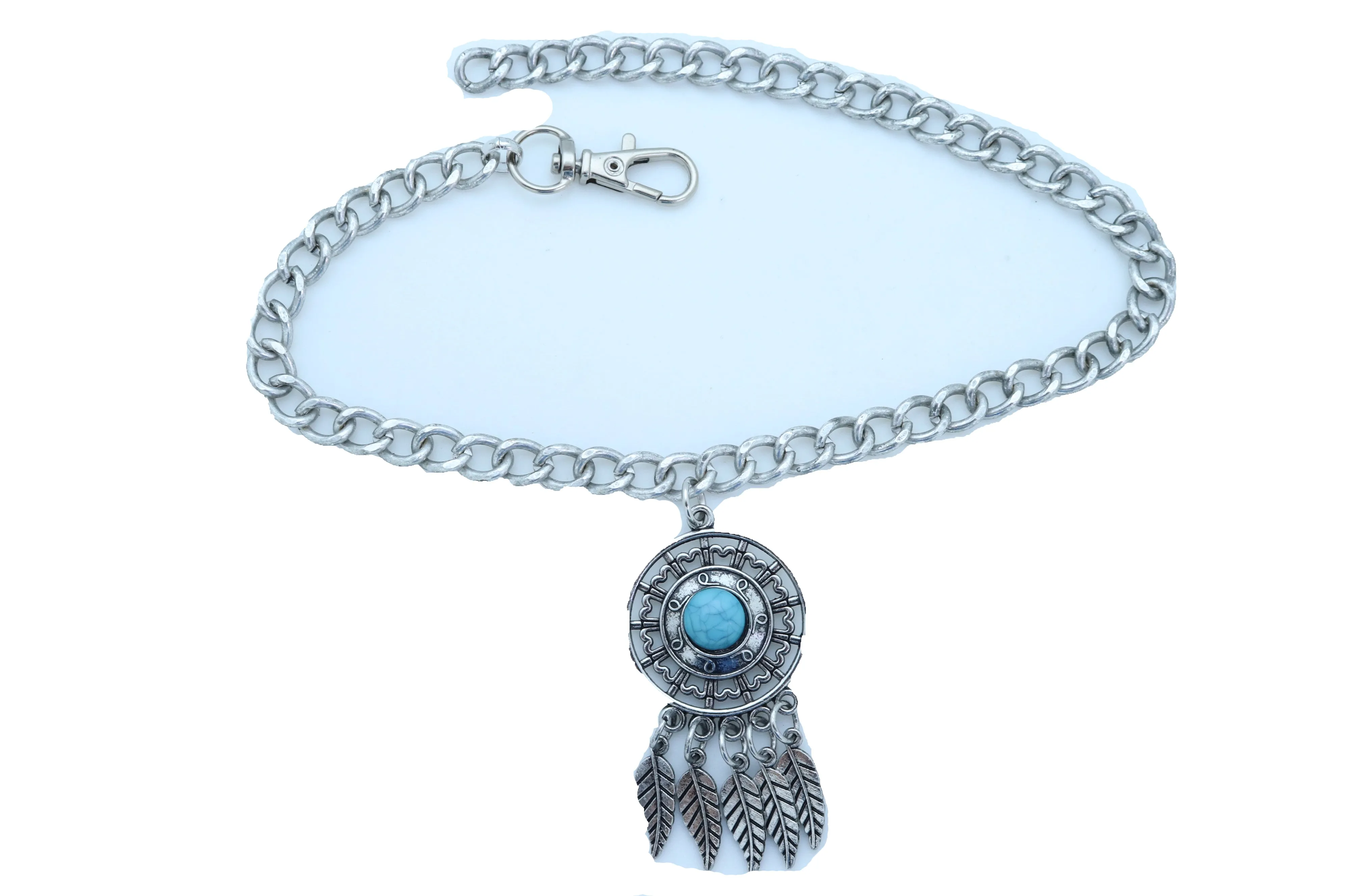 Ethnic Turquoise Bead Dreamcatcher Feather Charm Silver Metal Boot Chain