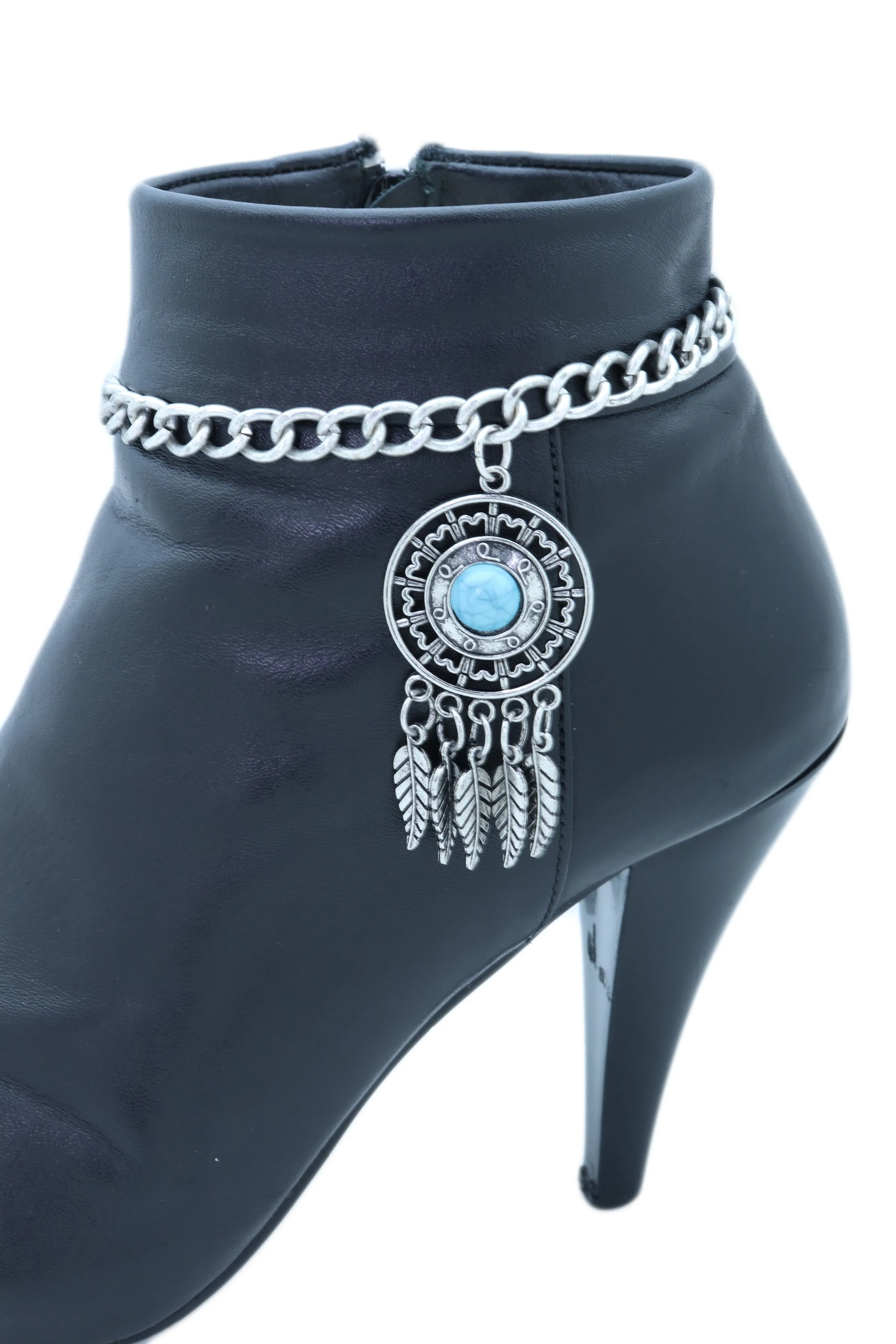 Ethnic Turquoise Bead Dreamcatcher Feather Charm Silver Metal Boot Chain