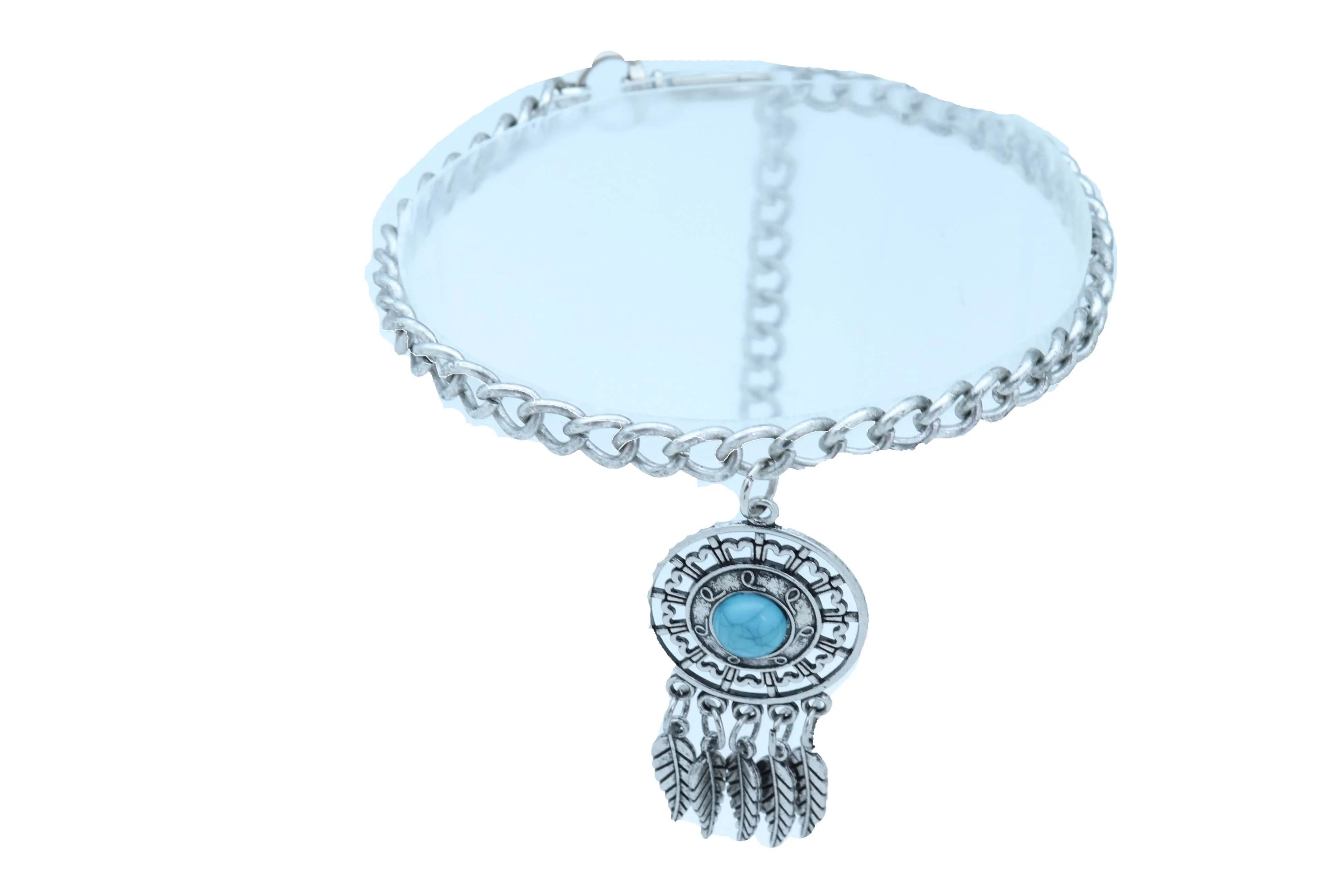 Ethnic Turquoise Bead Dreamcatcher Feather Charm Silver Metal Boot Chain