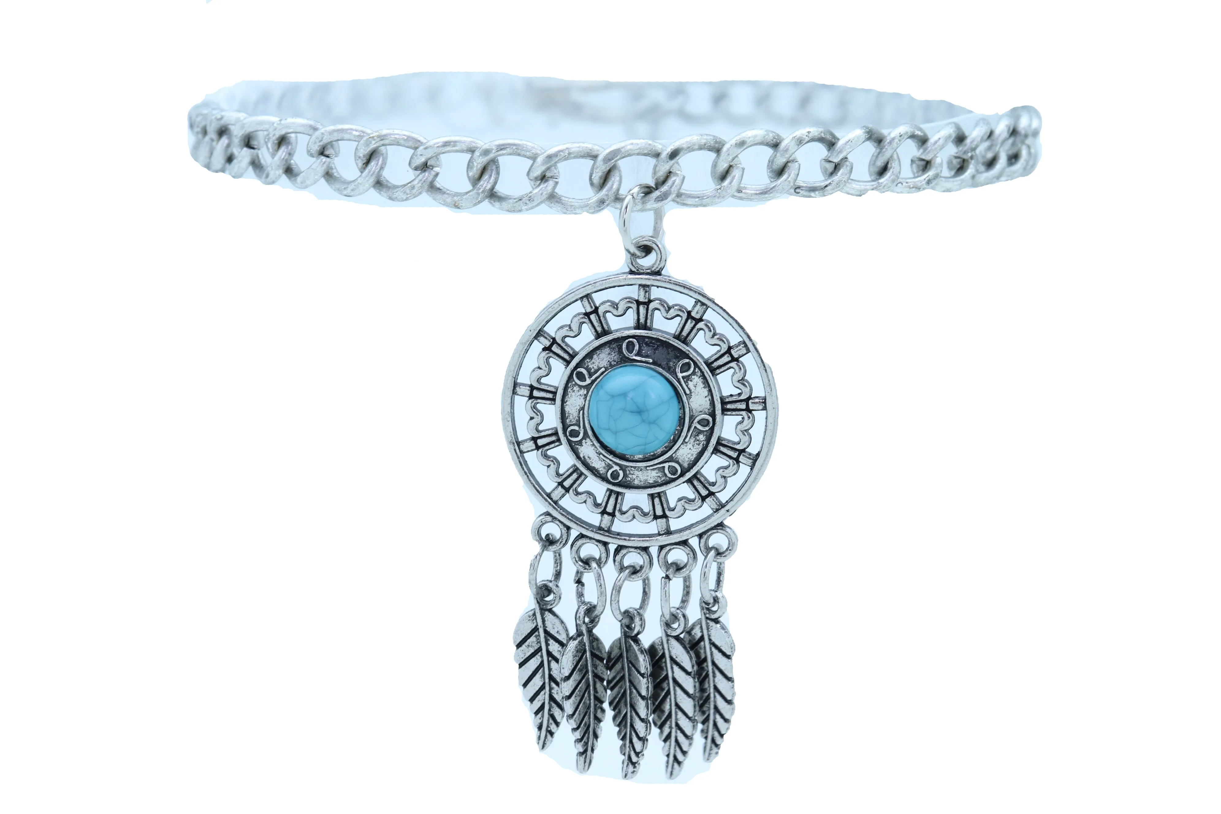 Ethnic Turquoise Bead Dreamcatcher Feather Charm Silver Metal Boot Chain