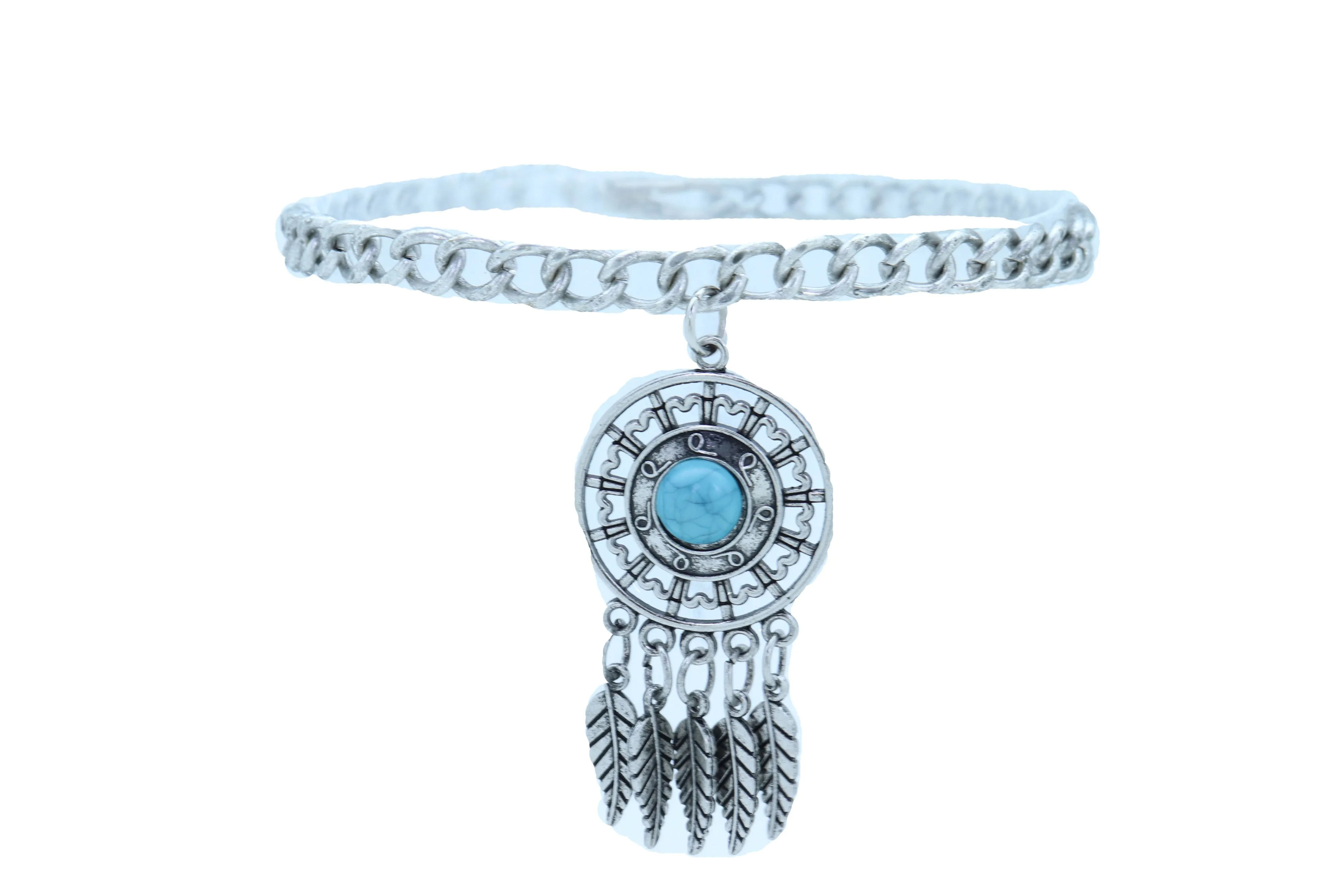 Ethnic Turquoise Bead Dreamcatcher Feather Charm Silver Metal Boot Chain