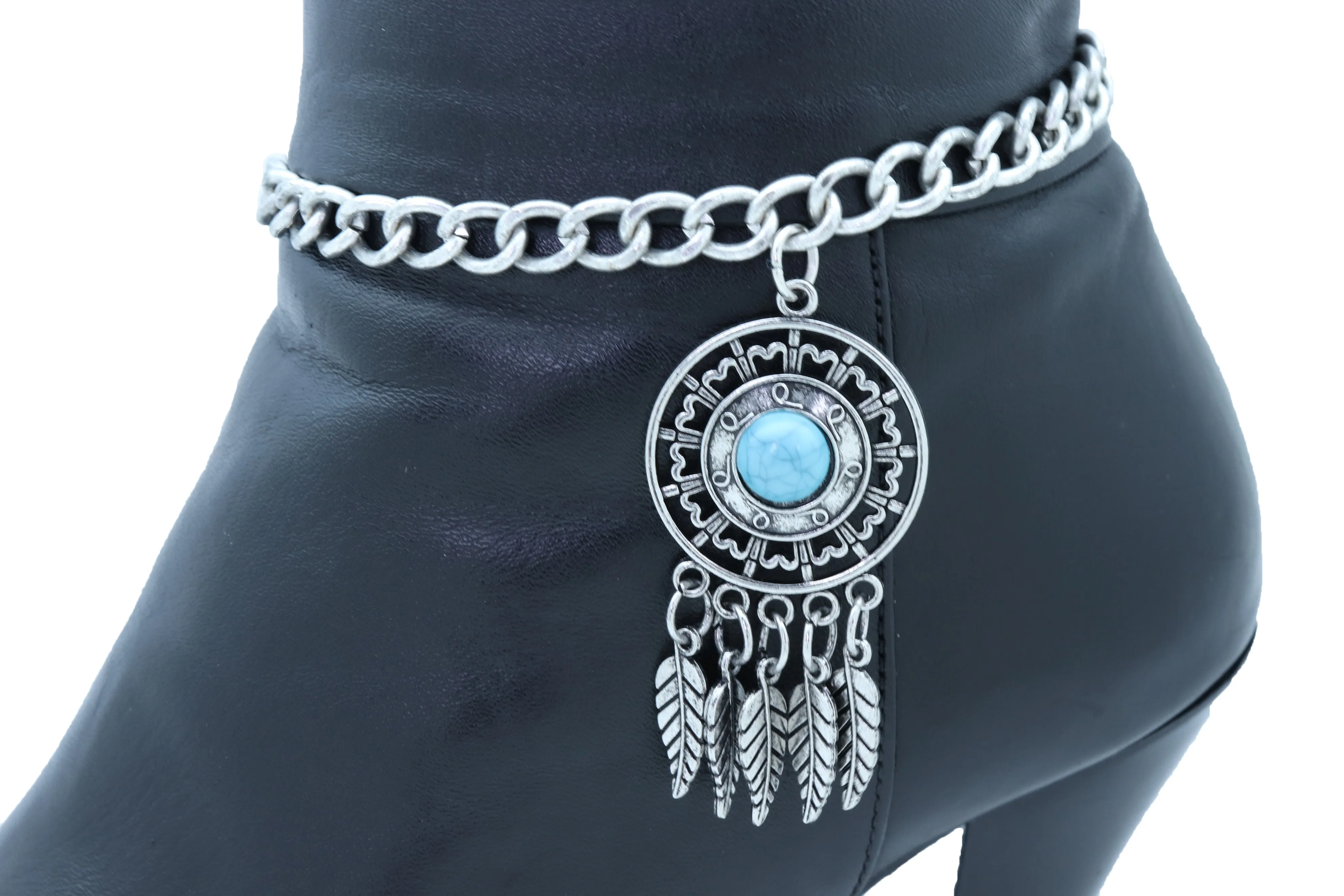 Ethnic Turquoise Bead Dreamcatcher Feather Charm Silver Metal Boot Chain