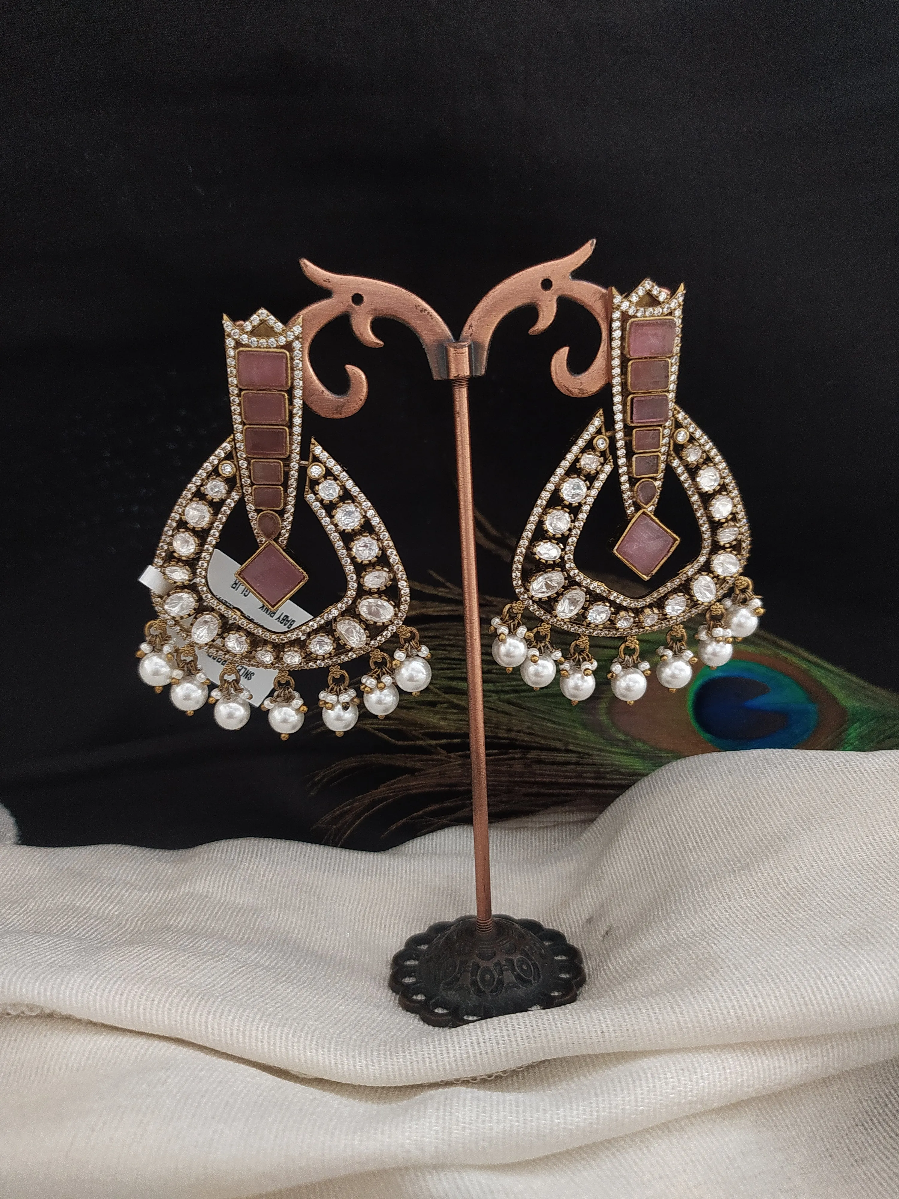 Exquisite Victorian Finish Chandelier Earrings in Baby Pink and Green