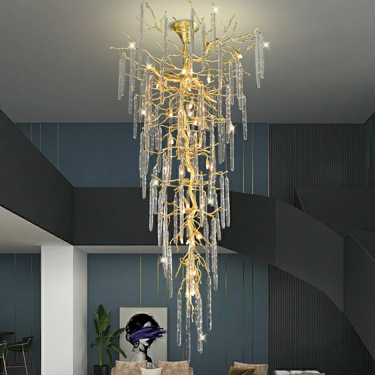 Extra Large Brass Tree Branch LED Chandelier Crystal Bar Drops Ceiling Light Fixture For Foyer Living Room Hall