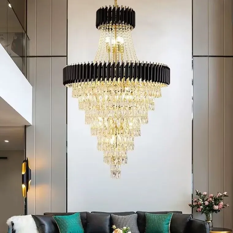 Extra Large Modern Multi-layers Gold/Black Light Luxury Crystal Chandelier For 2-Story Living Room,Foyer