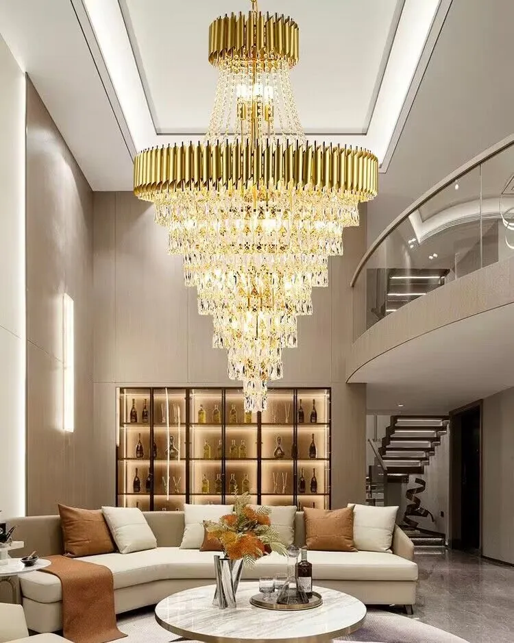 Extra Large Modern Multi-layers Gold/Black Light Luxury Crystal Chandelier For 2-Story Living Room,Foyer