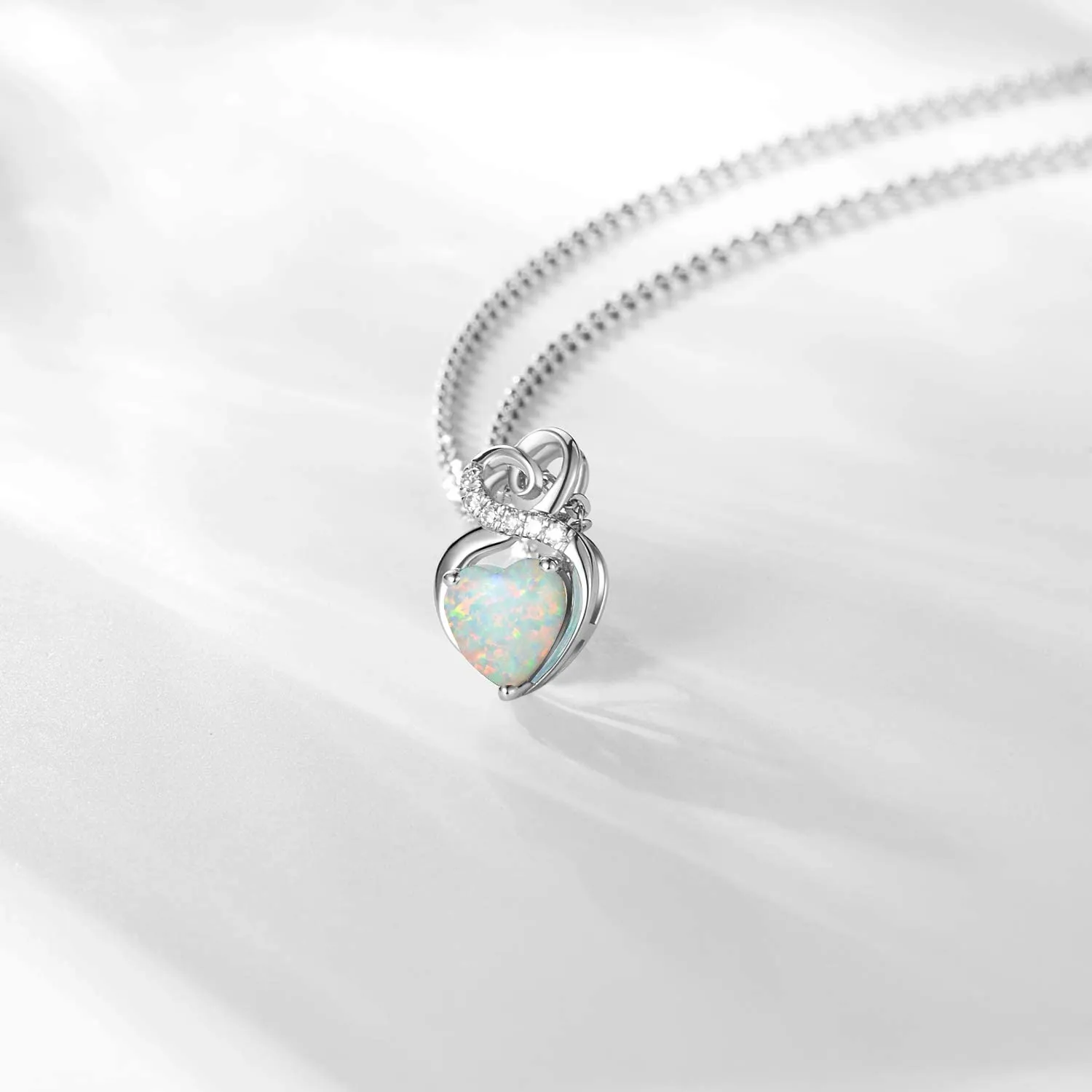 FANCIME "Infinity Heart" Opal October Gemstone Sterling Silver Necklace