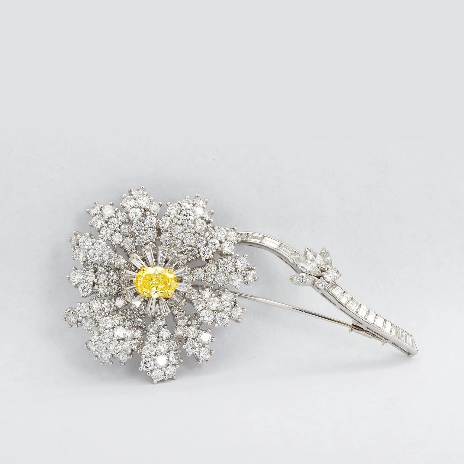 Fancy Intense Yellow and White Diamond Platinum Flower Brooch