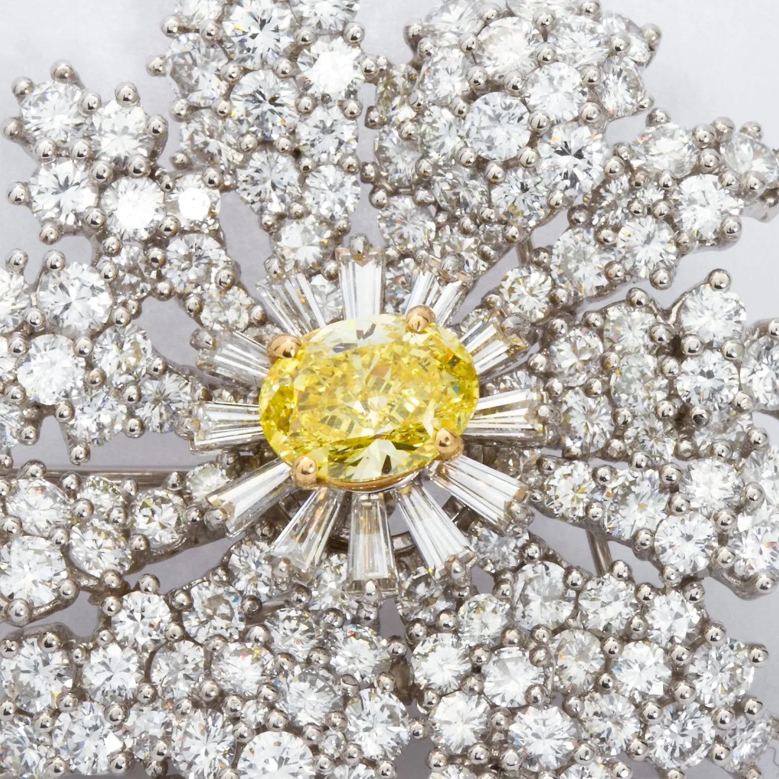 Fancy Intense Yellow and White Diamond Platinum Flower Brooch