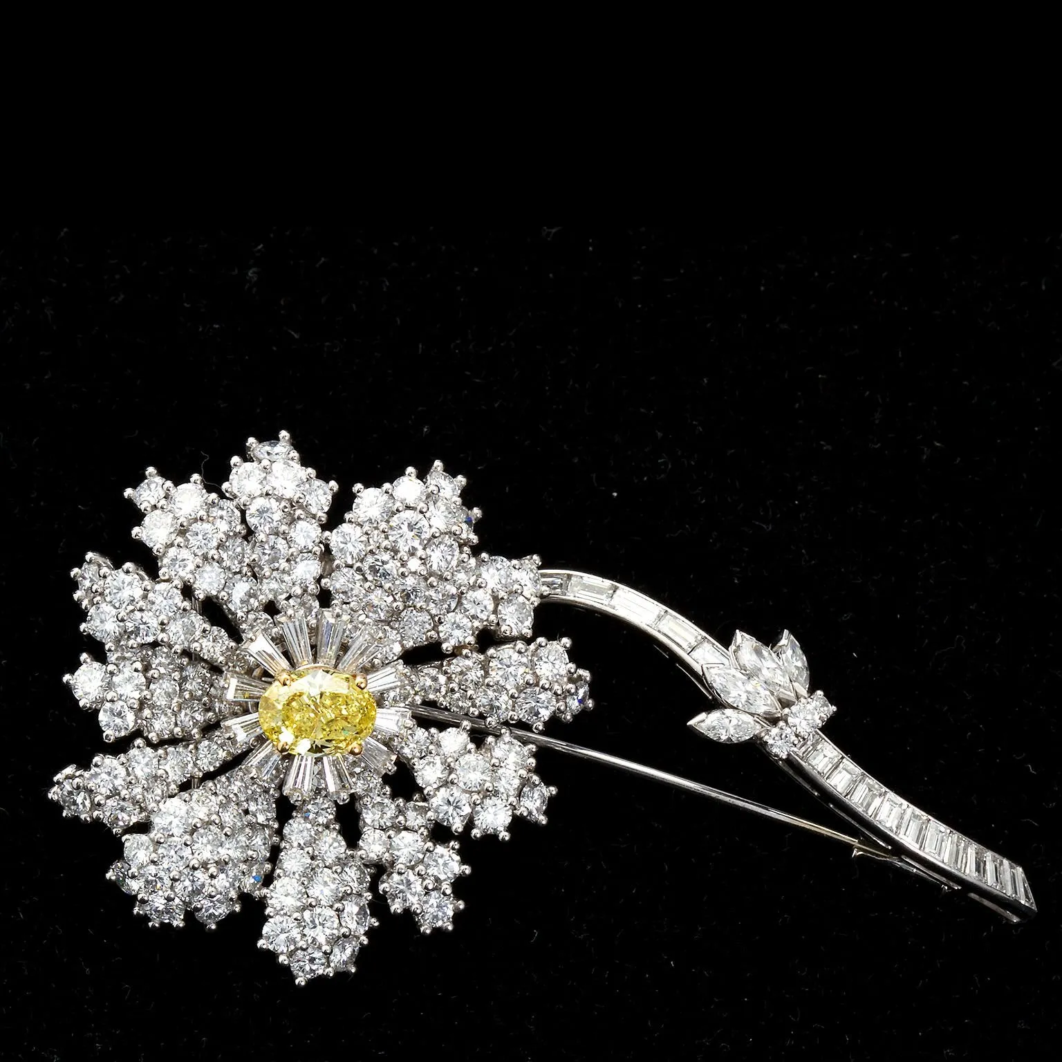 Fancy Intense Yellow and White Diamond Platinum Flower Brooch