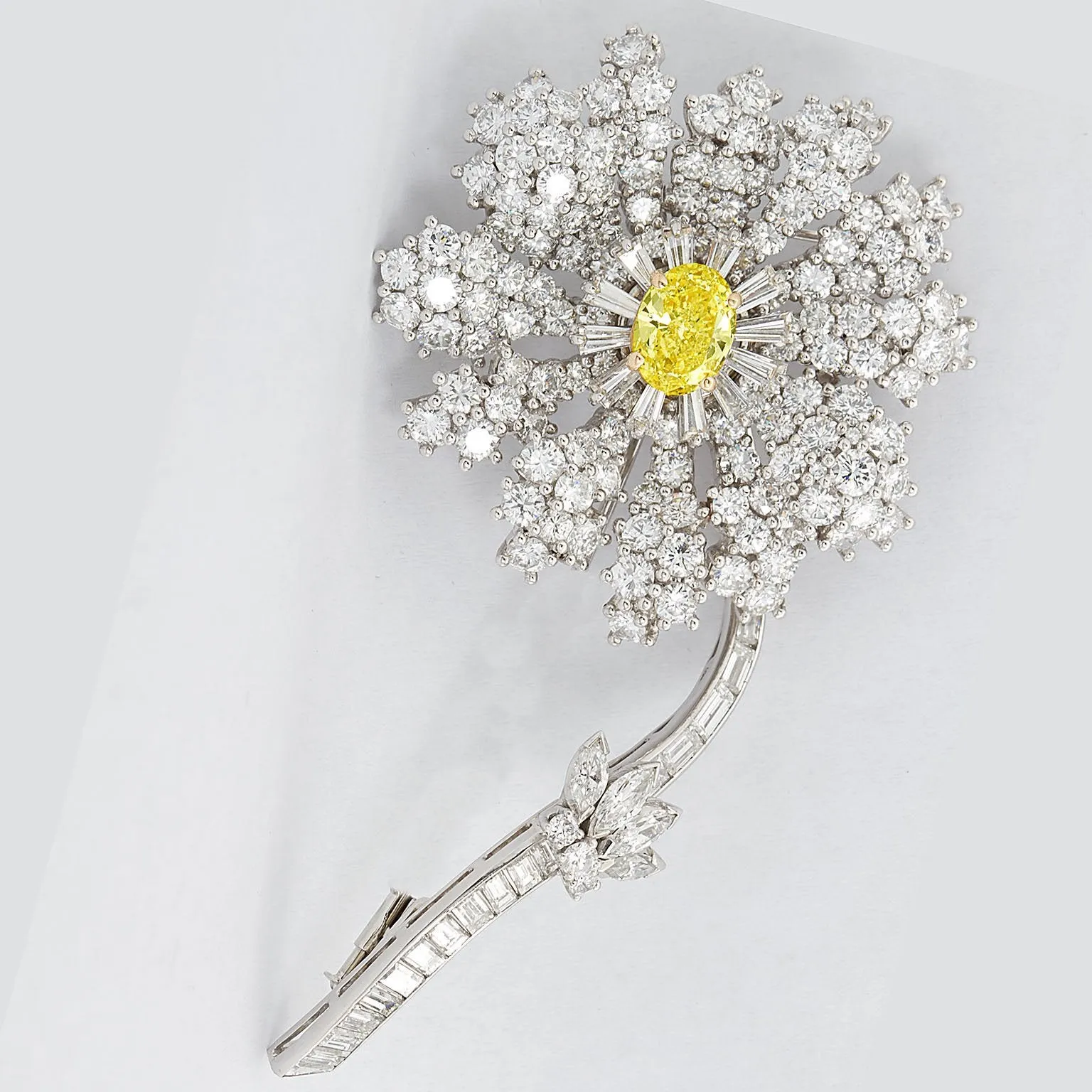 Fancy Intense Yellow and White Diamond Platinum Flower Brooch