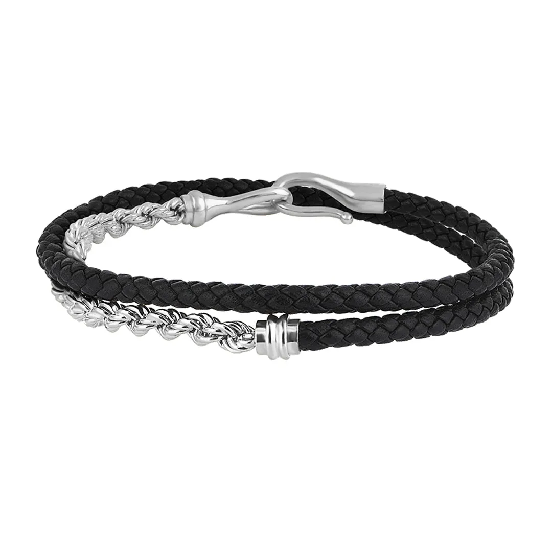 Fish Hook Leather & Rope Chain Wrap Bracelet in Silver