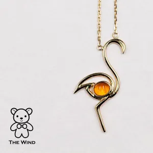 Flamingo Design Mexican Fire Opal Necklace 18K Yellow Gold