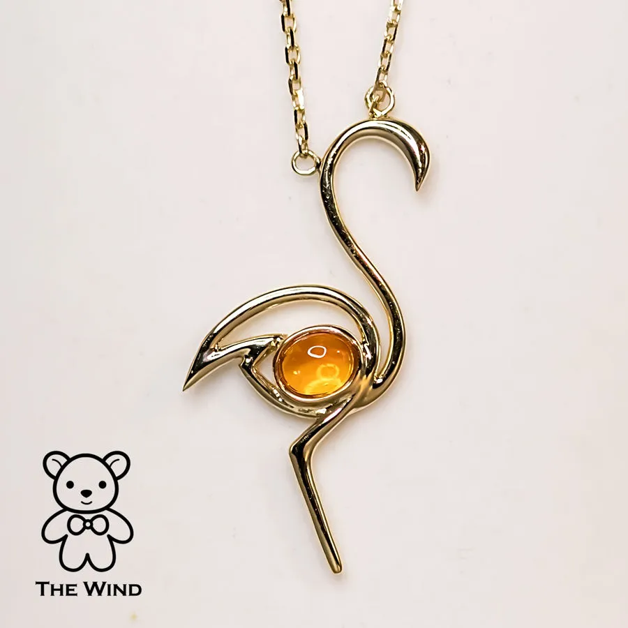 Flamingo Design Mexican Fire Opal Necklace 18K Yellow Gold