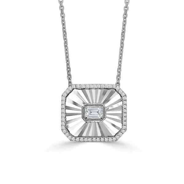 Frederic Sage 14K White Gold Medium Bella Pendant with Emerald Diamond Center and Round Diamond Halo