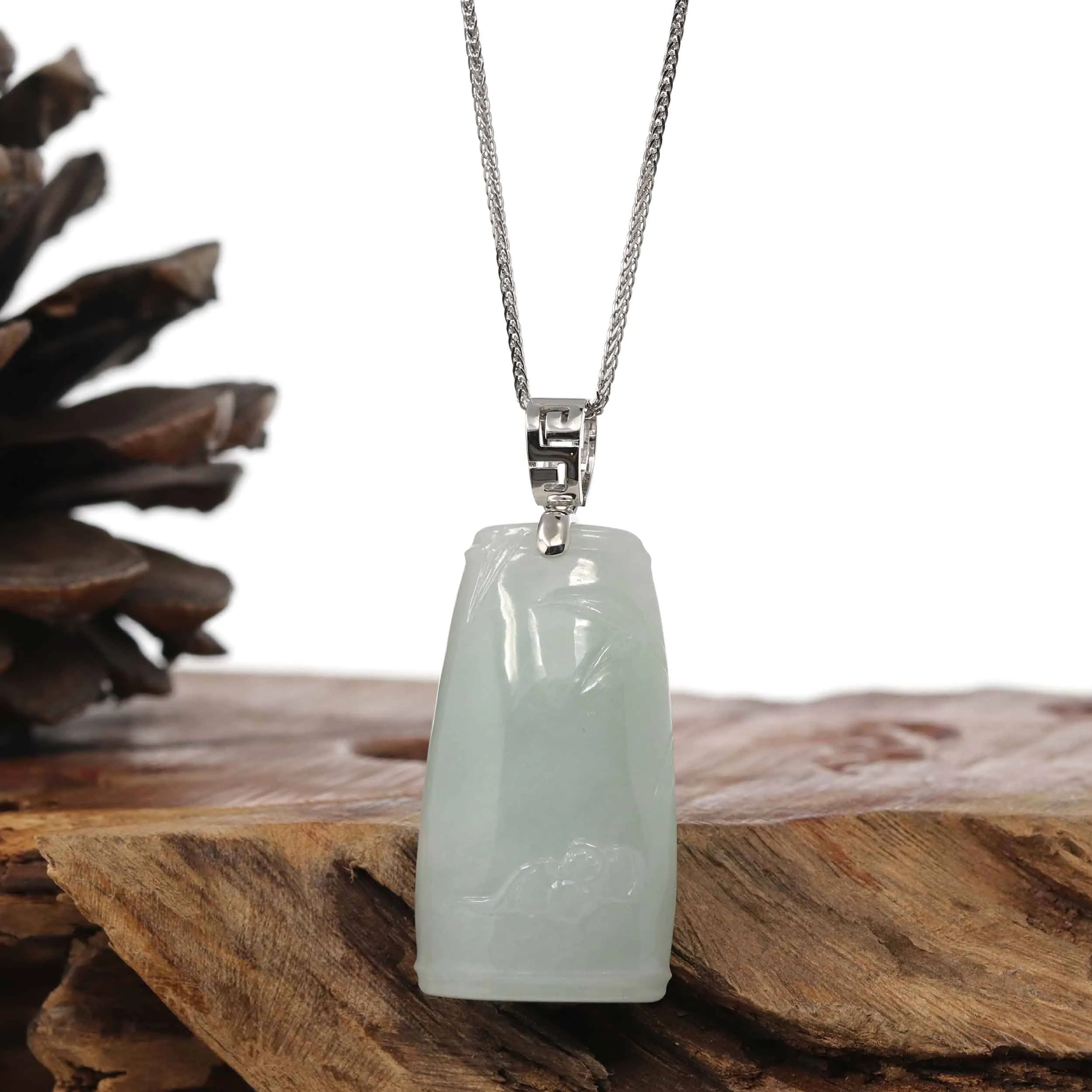 Genuine Burmese Light Green Jadeite Jade Bamboo Pendant Necklace