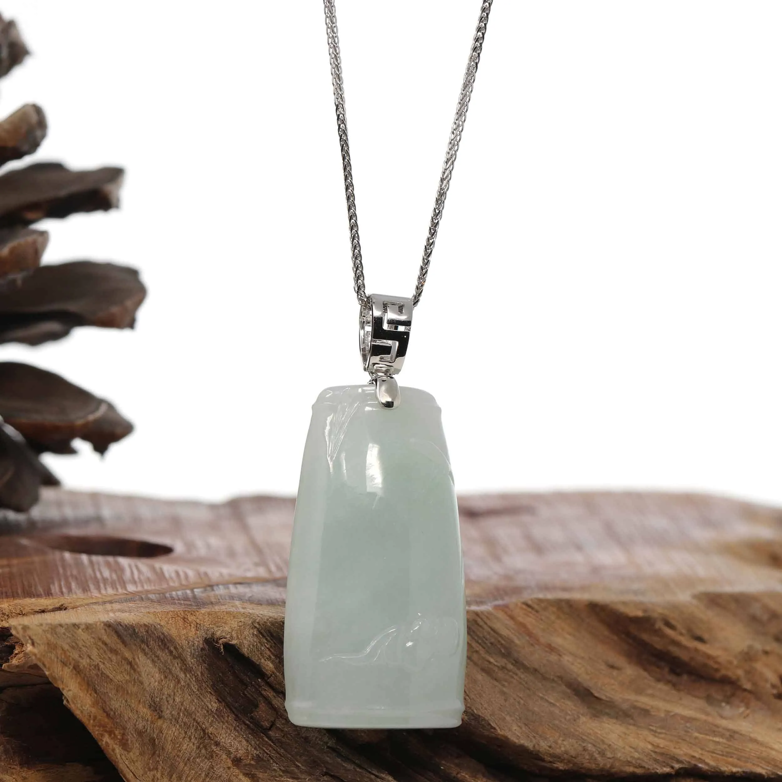 Genuine Burmese Light Green Jadeite Jade Bamboo Pendant Necklace