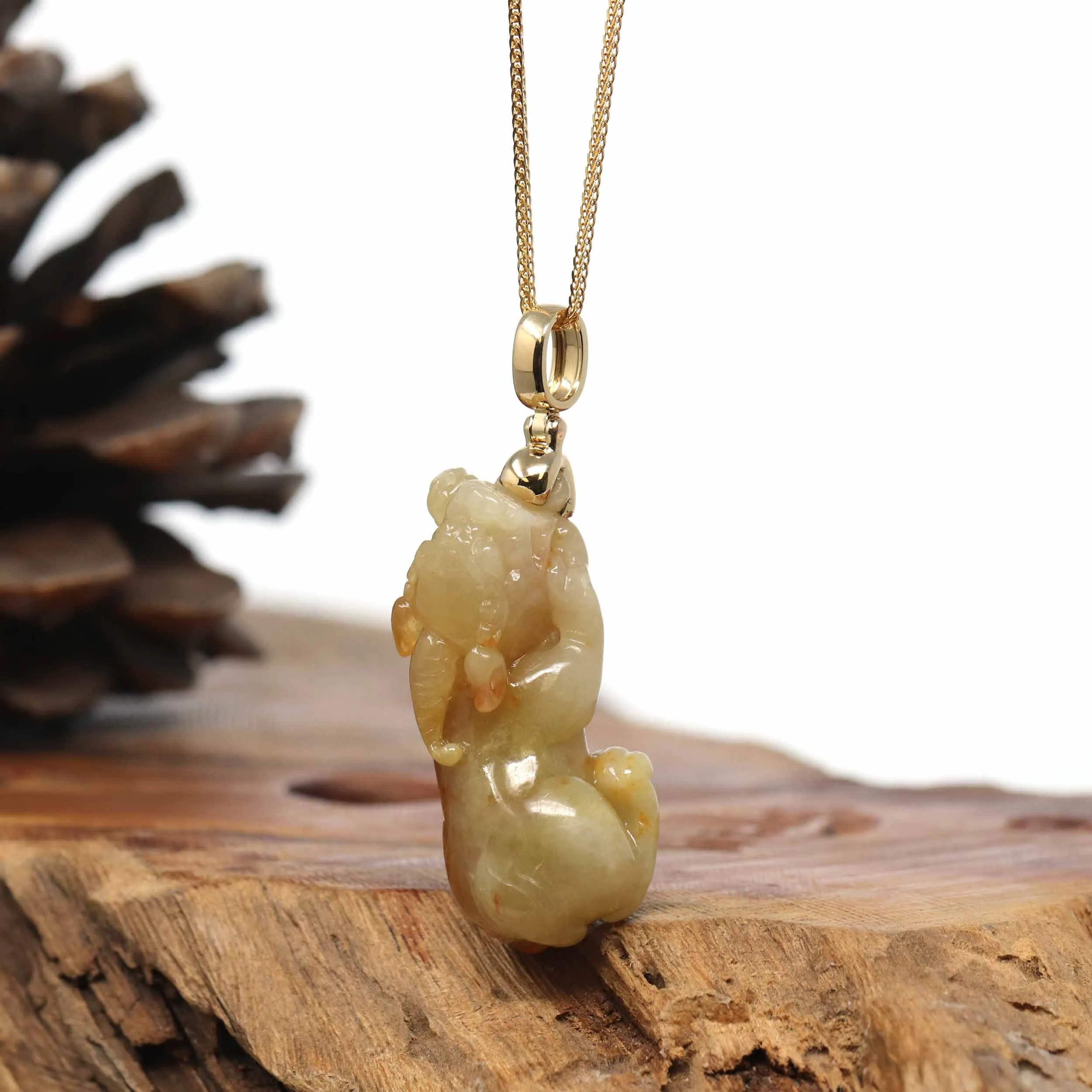 Genuine Burmese Yellow Jadeite Jade PiXiu Pendant Necklace With 18K Gold Bail