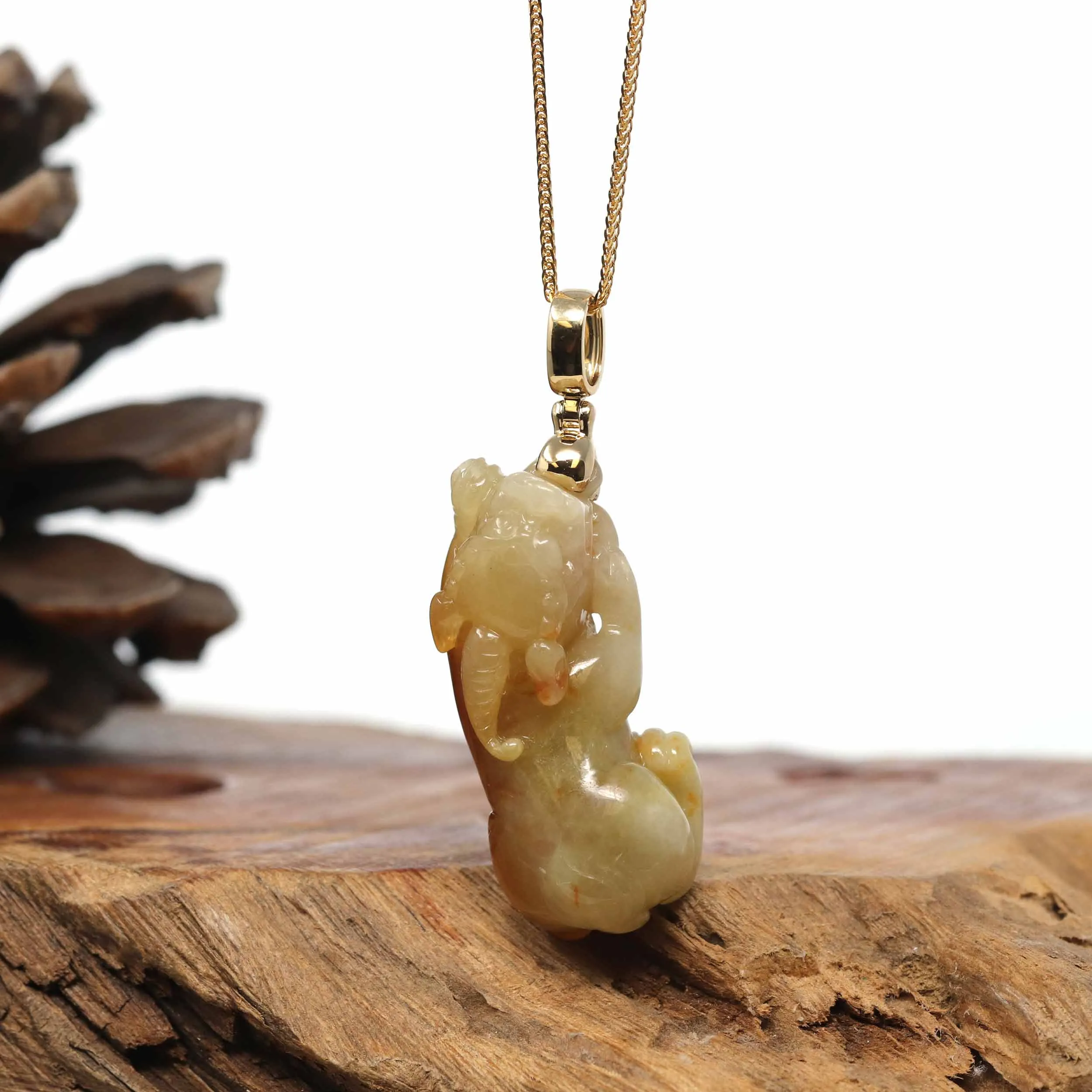 Genuine Burmese Yellow Jadeite Jade PiXiu Pendant Necklace With 18K Gold Bail