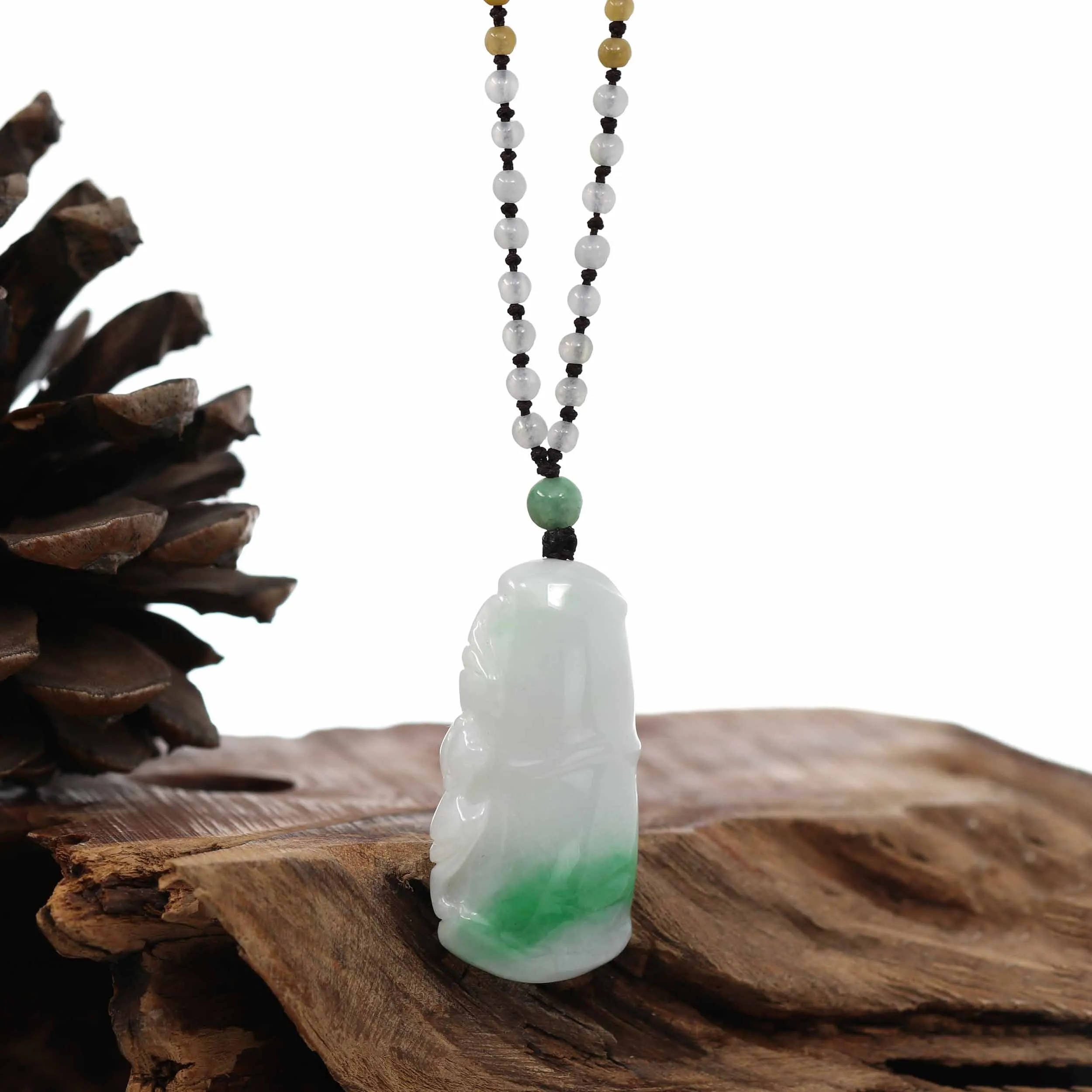 Genuine Green Jadeite Jade Good Luck Bamboo Pendant Necklace With Real Jadeite Bead Necklace