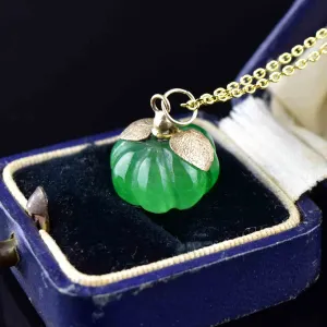 Gold Carved Jade Pumpkin Charm Necklace