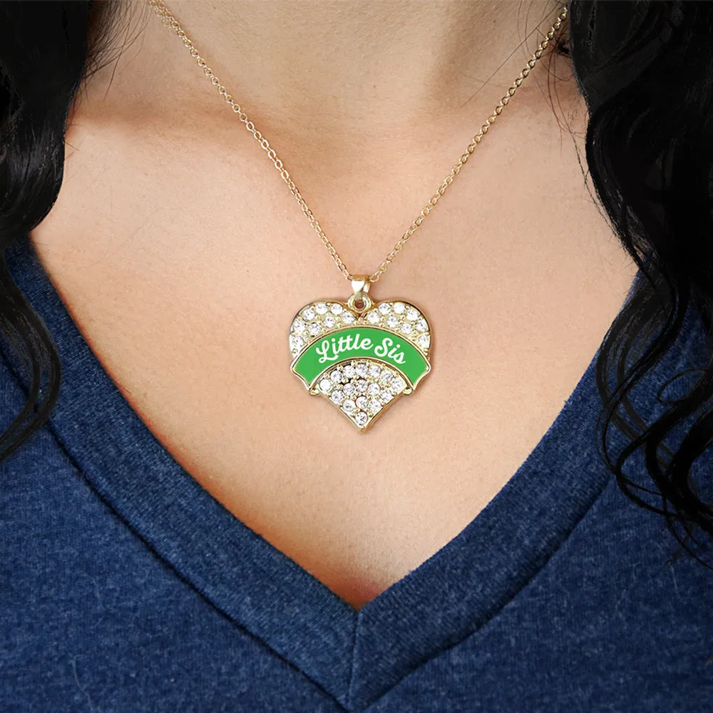 Gold Emerald Green Little Sister Pave Heart Charm Classic Necklace