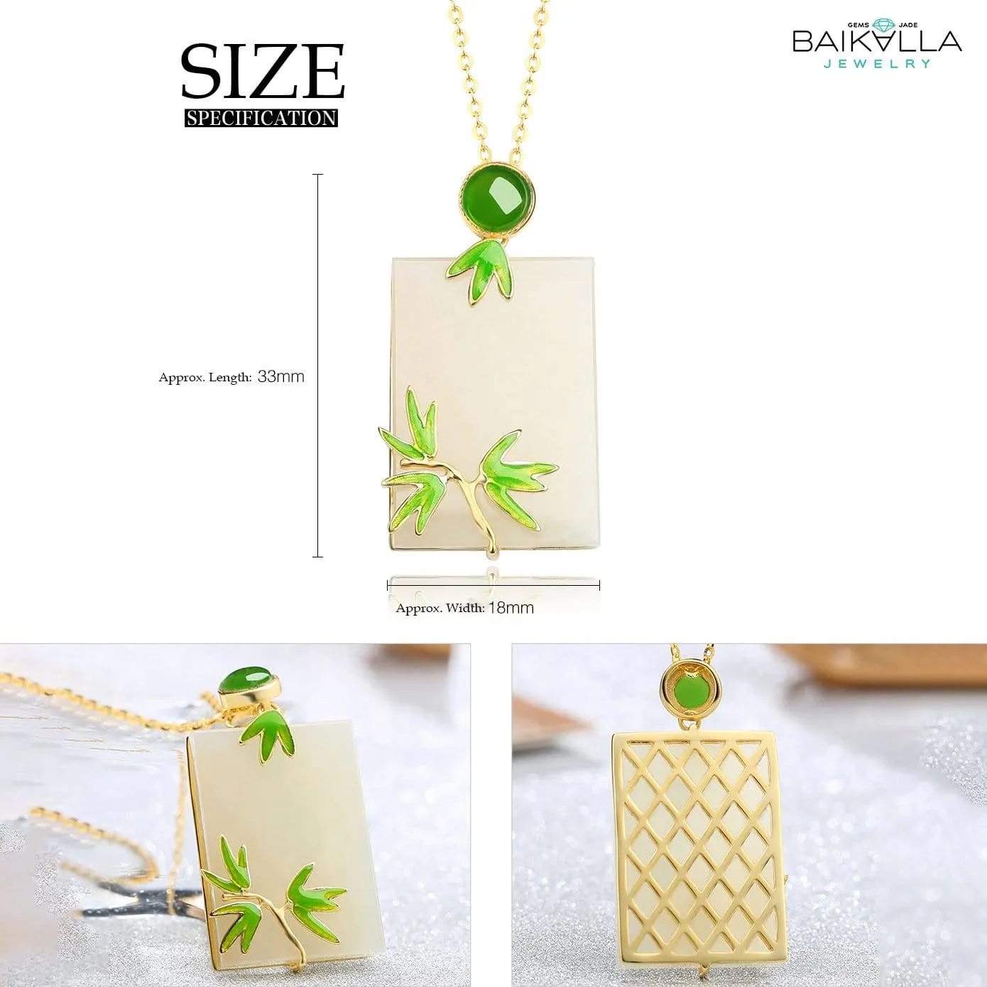 Gold Plated Sterling Silver Genuine Nephrite White Jade Pendant Bamboo Pendant Necklace