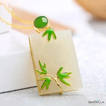 Gold Plated Sterling Silver Genuine Nephrite White Jade Pendant Bamboo Pendant Necklace