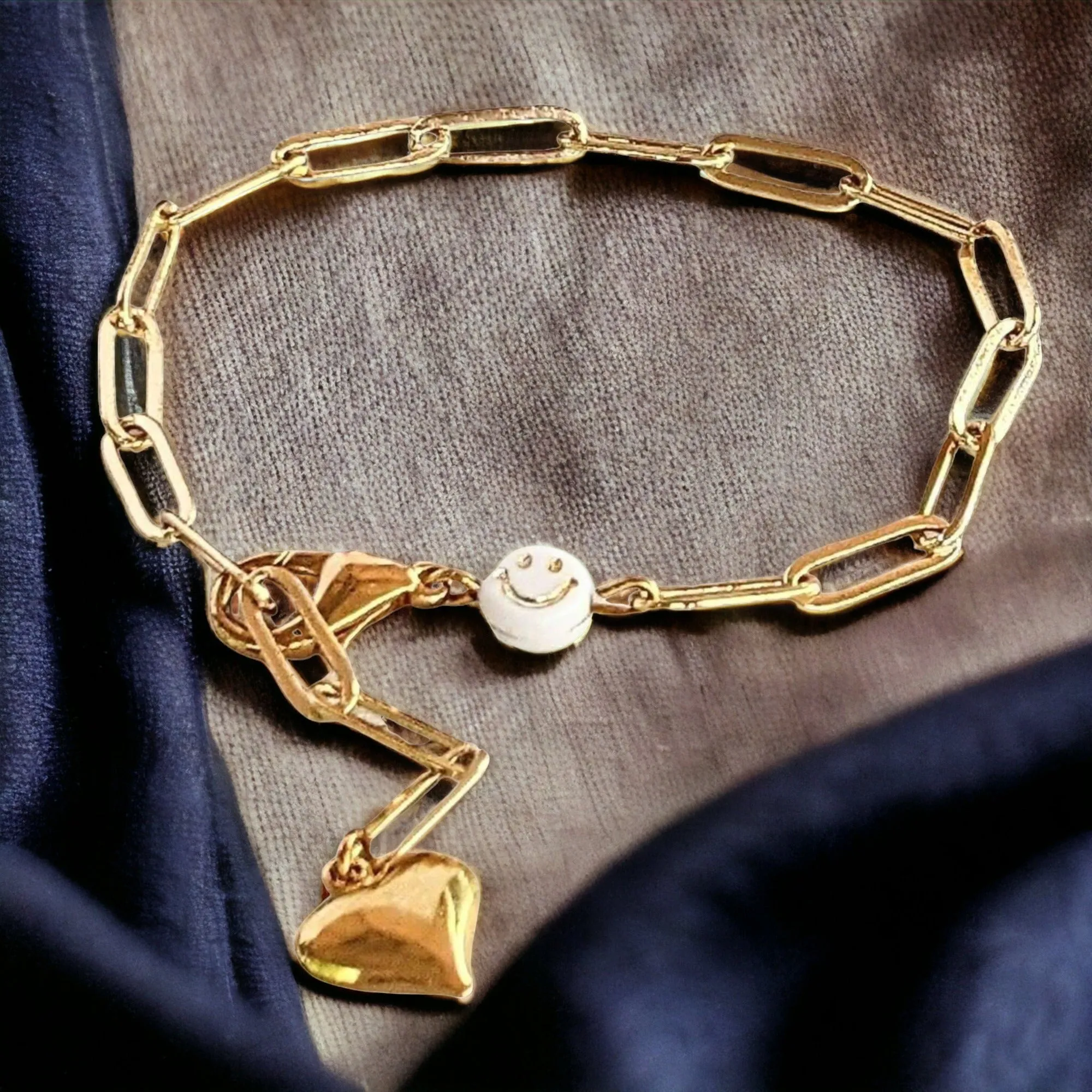 Gold Smiley Stainless Steel Paperclip Chain Bracelet
