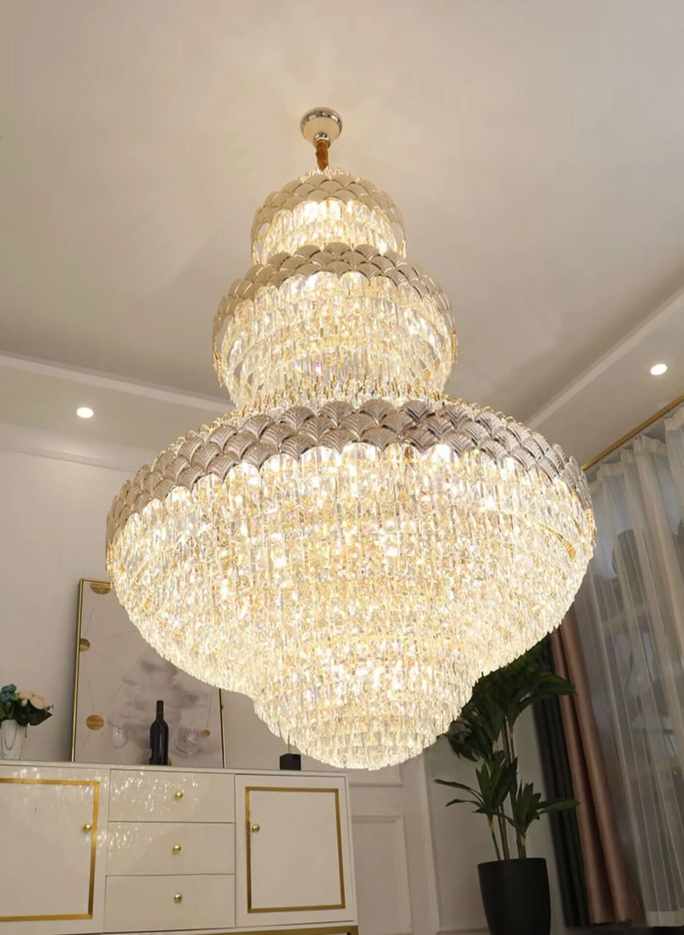 Golden Era Grand Cascade Fish Scale Crystal Chandelier for Living Room/Foyer/Staircase