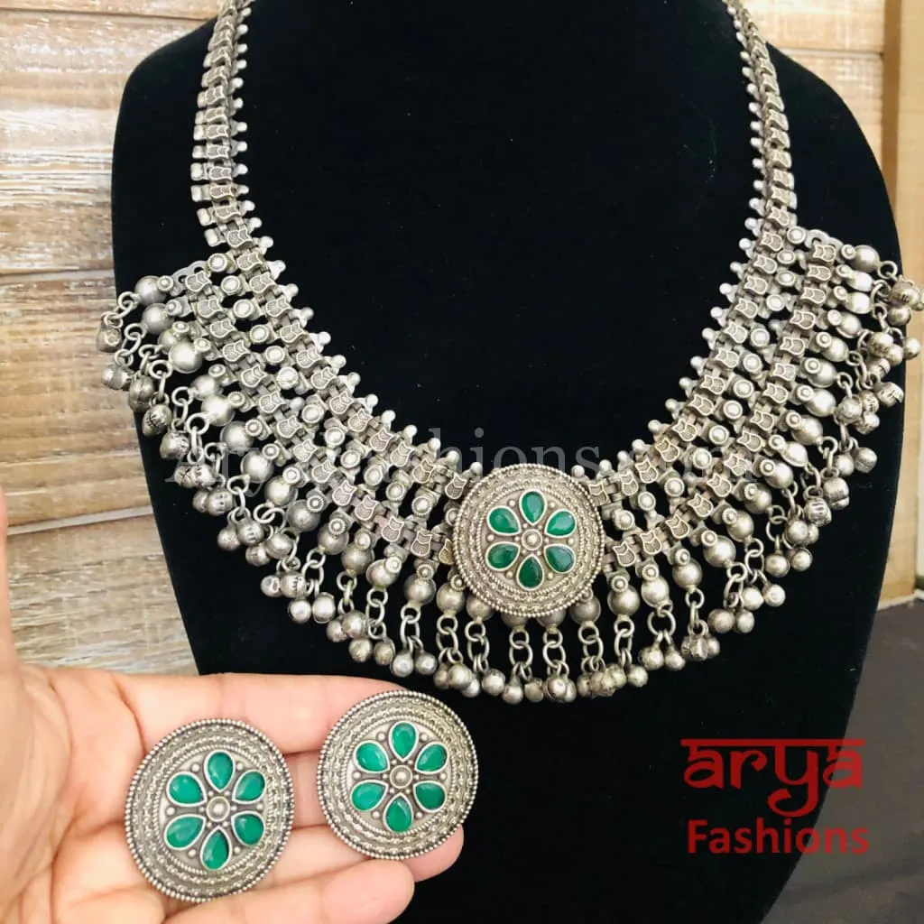 Green Silver Oxidized Designer Necklace with Green Stones and Stud Earrings