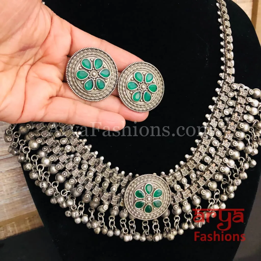 Green Silver Oxidized Designer Necklace with Green Stones and Stud Earrings